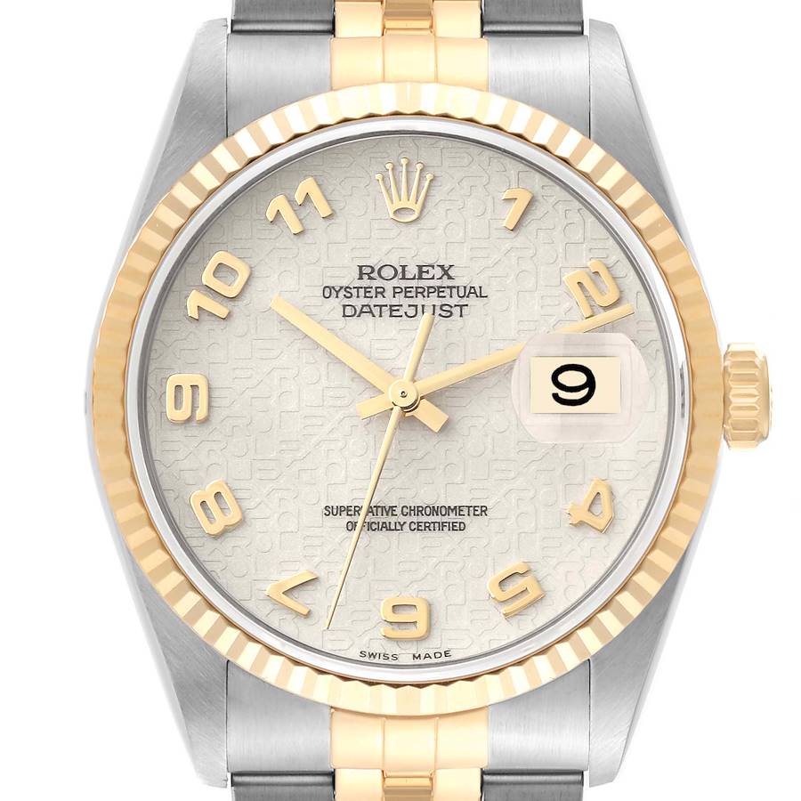 The Rolex Datejust watch is shown from a front angle, displaying the dial, bezel, and part of the bracelet.