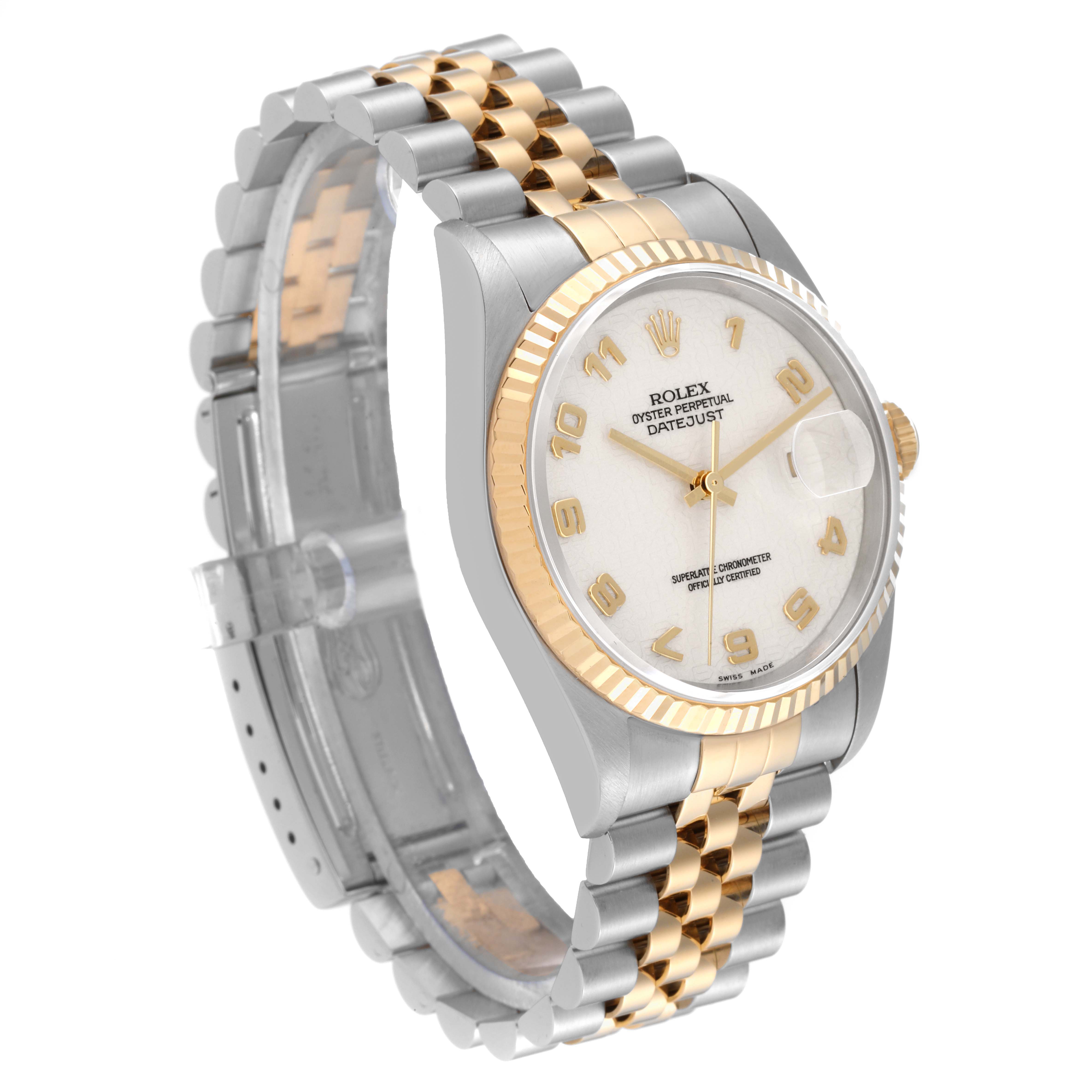 The Rolex Datejust 16233 Men's Steel and Gold (two tone) Beige Dial 16233 Men's Steel and Gold (two tone) Beige Dial watch is shown at an angle highlighting the dial, fluted bezel, and two-tone bracelet.