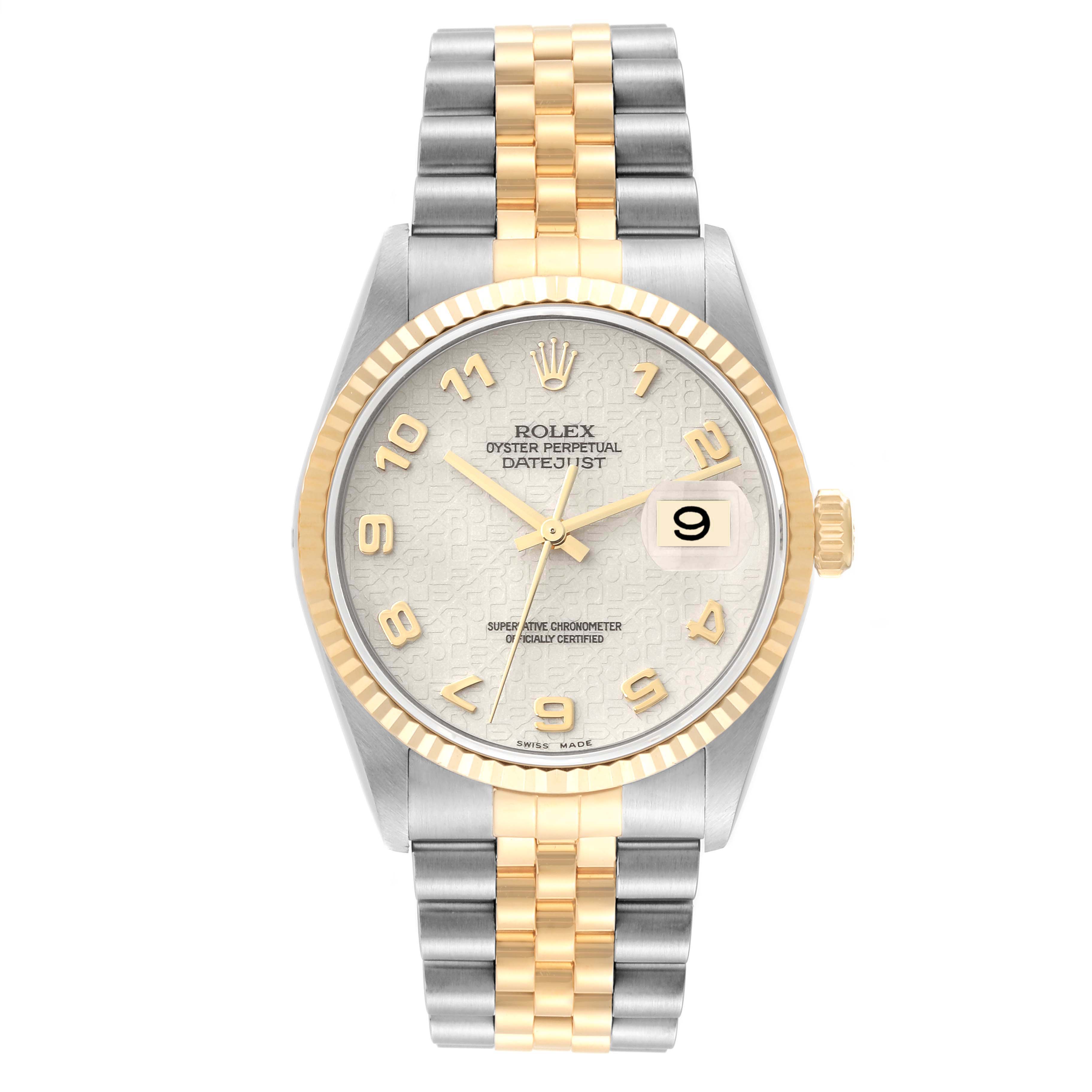 The Rolex Datejust 16233 Men's Steel and Gold (two tone) Beige Dial 16233 Men's Steel and Gold (two tone) Beige Dial watch is shown from the front, displaying its face, bezel, crown, and two-tone bracelet.