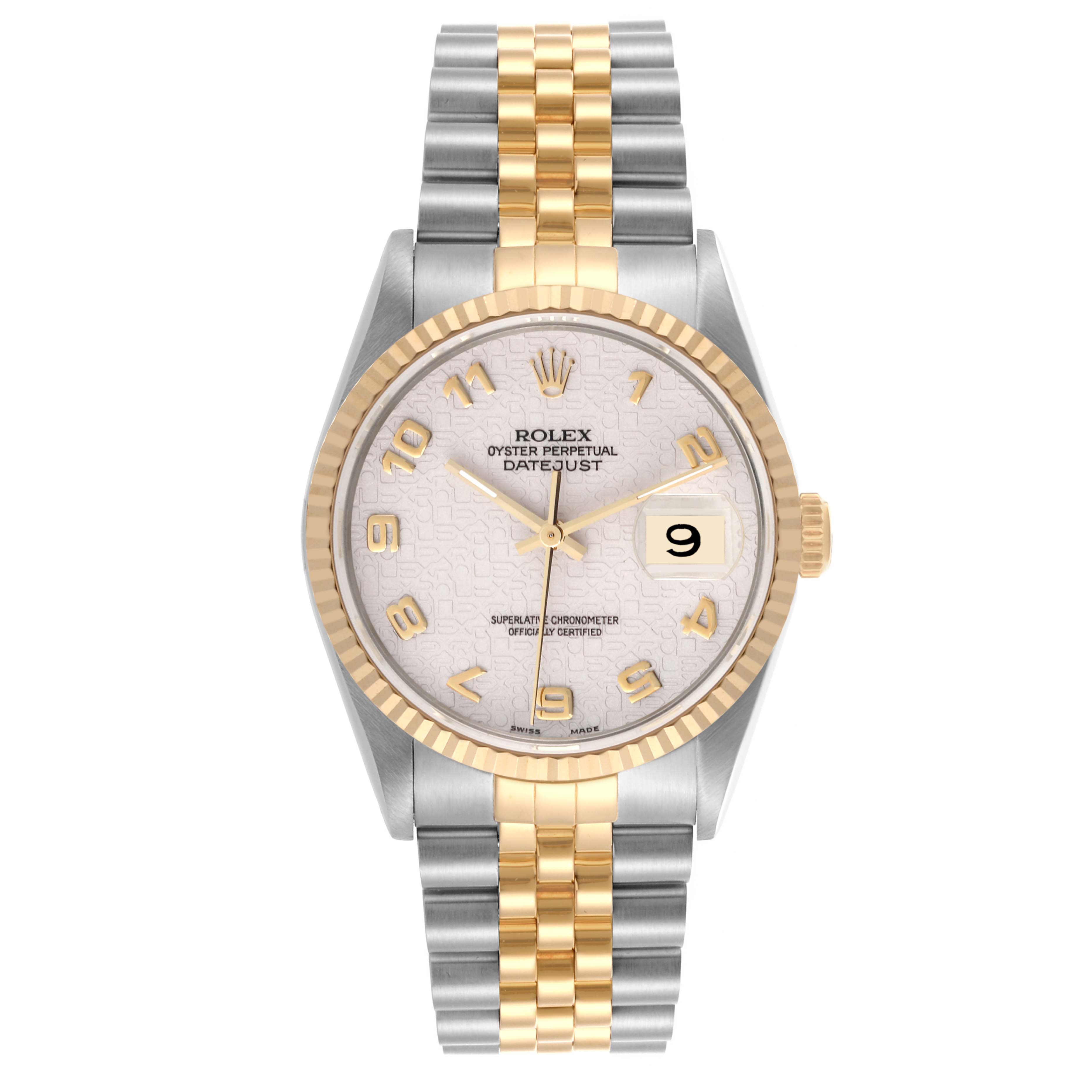 The Rolex Datejust 16233 Men's Steel and Gold (two tone) White Dial 16233 Men's Steel and Gold (two tone) White Dial watch is shown from the front, displaying the dial, bezel, crown, and two-tone bracelet.