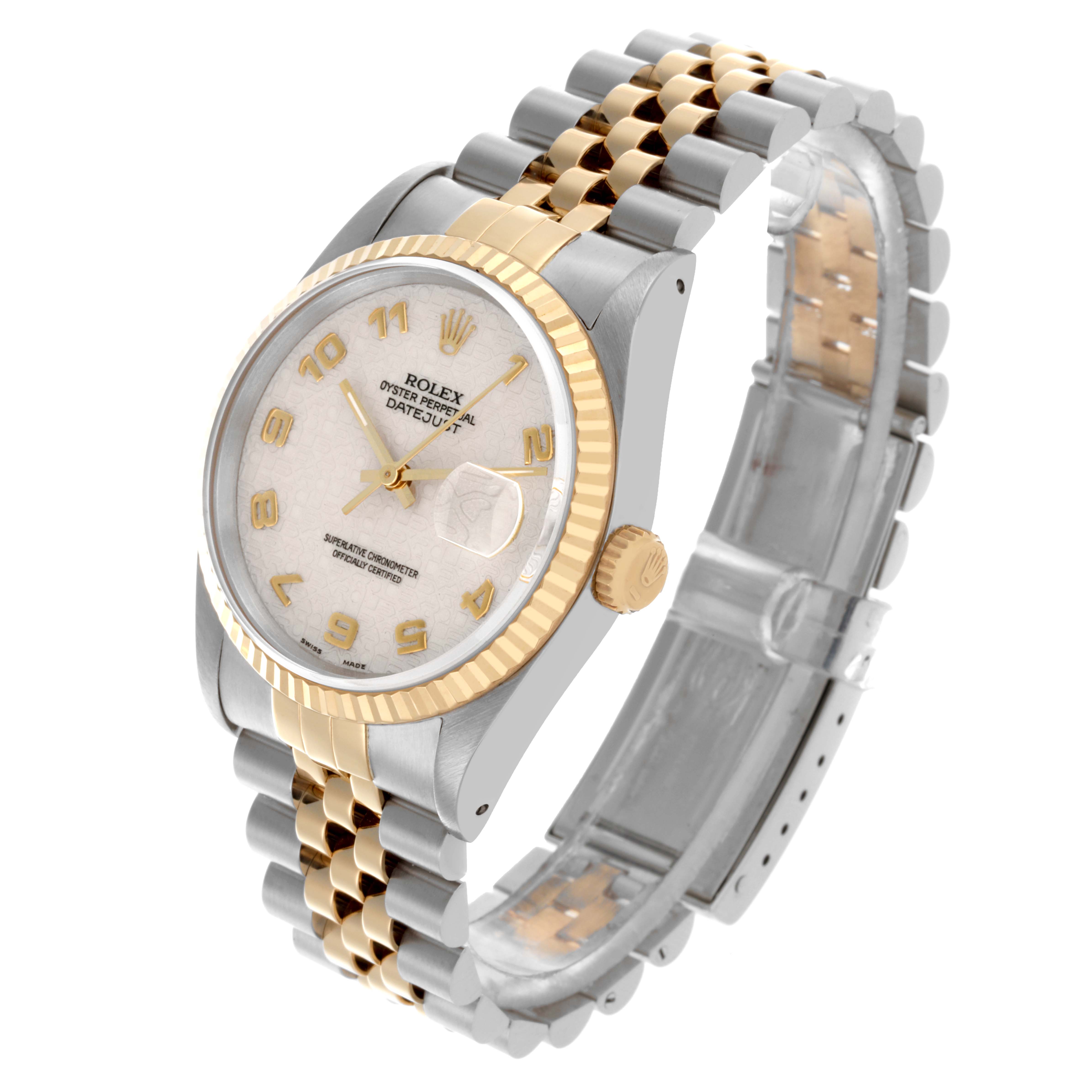 The Rolex Datejust 16233 Men's Steel and Gold (two tone) White Dial 16233 Men's Steel and Gold (two tone) White Dial watch is shown at a three-quarter angle displaying the dial, bezel, crown, and bracelet clearly.