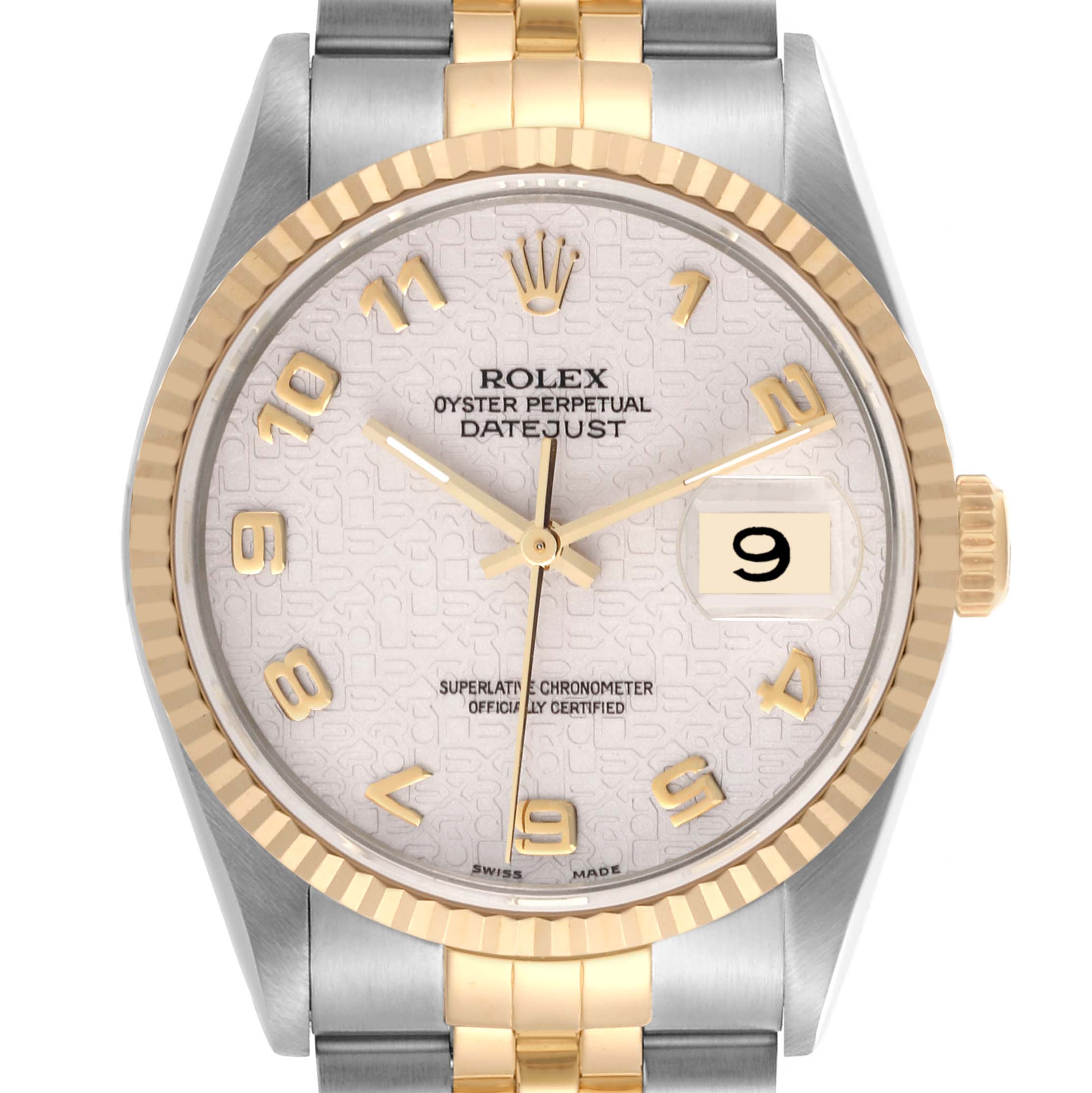 The Rolex Datejust 16233 Men's Steel and Gold (two tone) White Dial 16233 Men's Steel and Gold (two tone) White Dial watch is shown from the front, displaying the dial, bezel, crown, and part of the bracelet.
