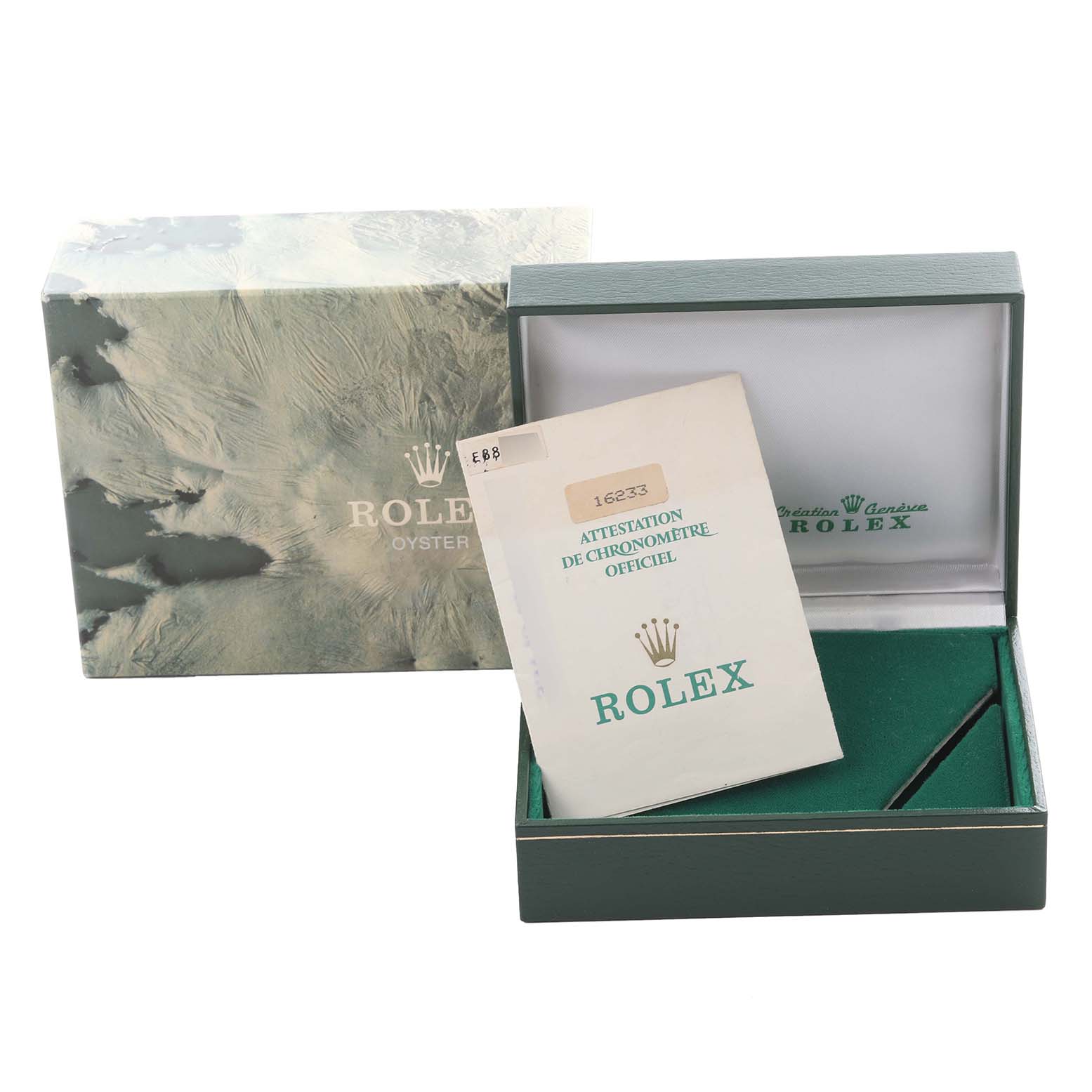 The image shows an open Rolex Datejust 16233 Men's Steel and Gold (two tone) White Dial 16233 Men's Steel and Gold (two tone) White Dial box with a certificate and outer packaging.