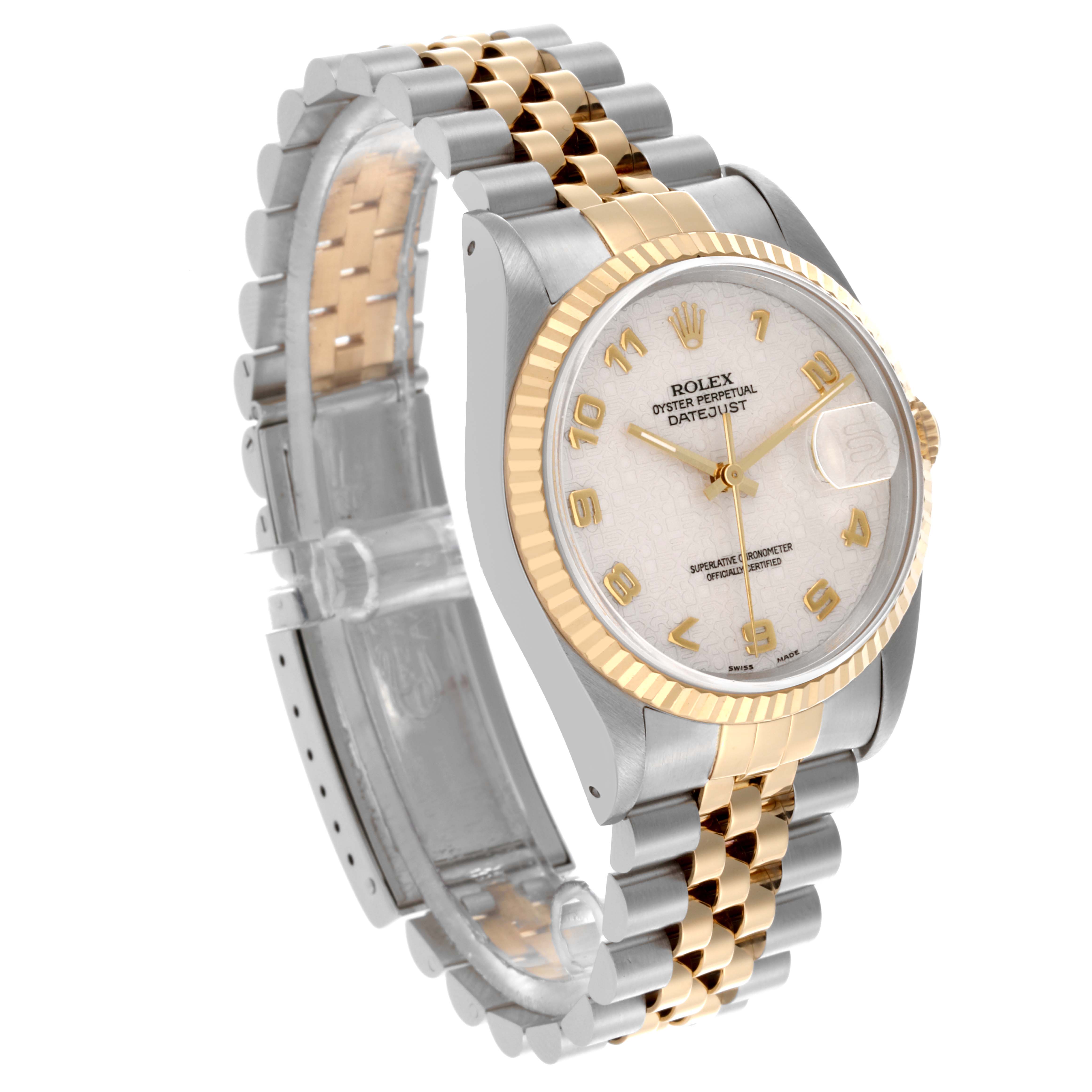 The Rolex Datejust 16233 Men's Steel and Gold (two tone) White Dial 16233 Men's Steel and Gold (two tone) White Dial watch is shown at a three-quarter angle, highlighting its dial, bezel, case, and two-tone bracelet.