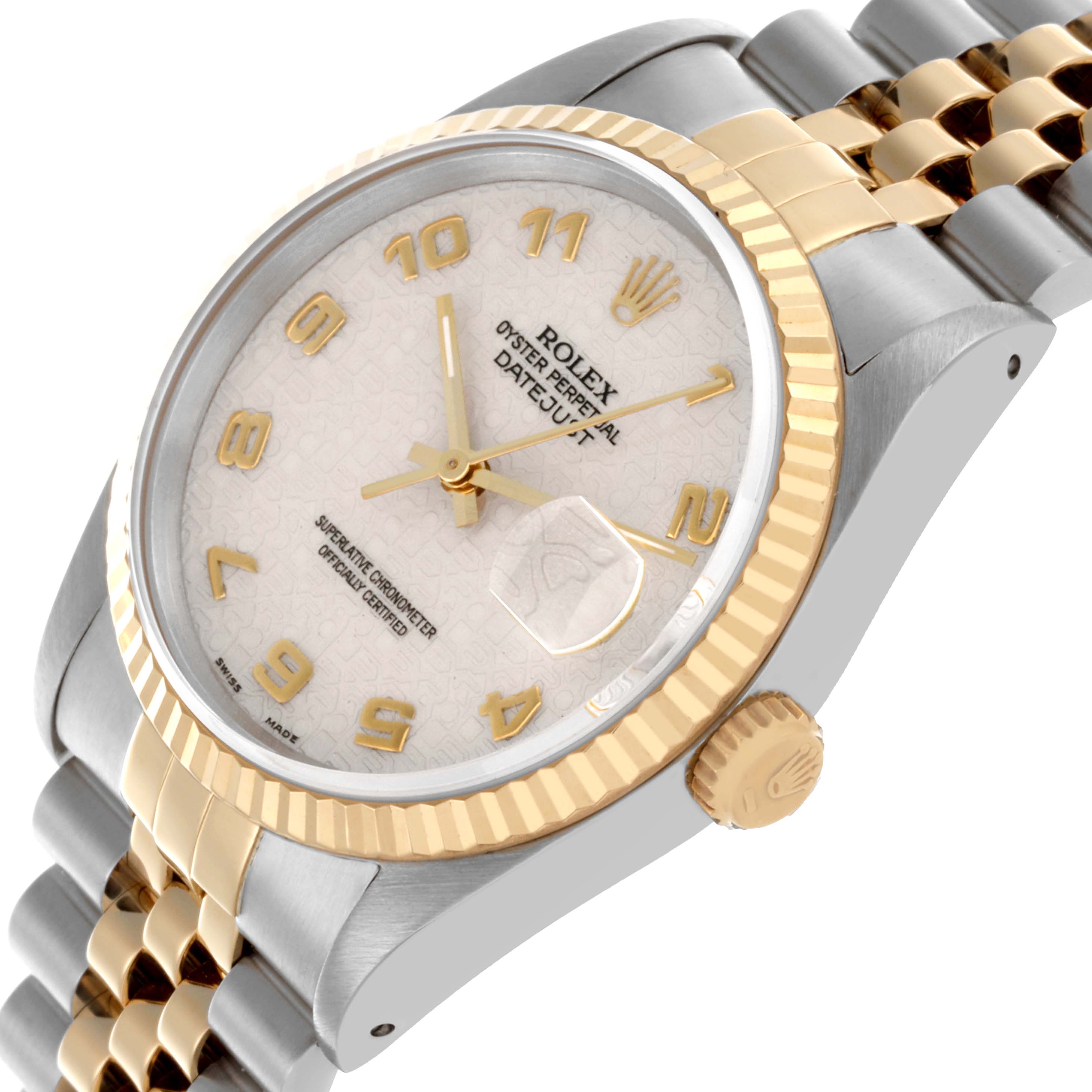 The Rolex Datejust 16233 Men's Steel and Gold (two tone) White Dial 16233 Men's Steel and Gold (two tone) White Dial is shown at an angle displaying the face, bezel, crown, and part of the bracelet.