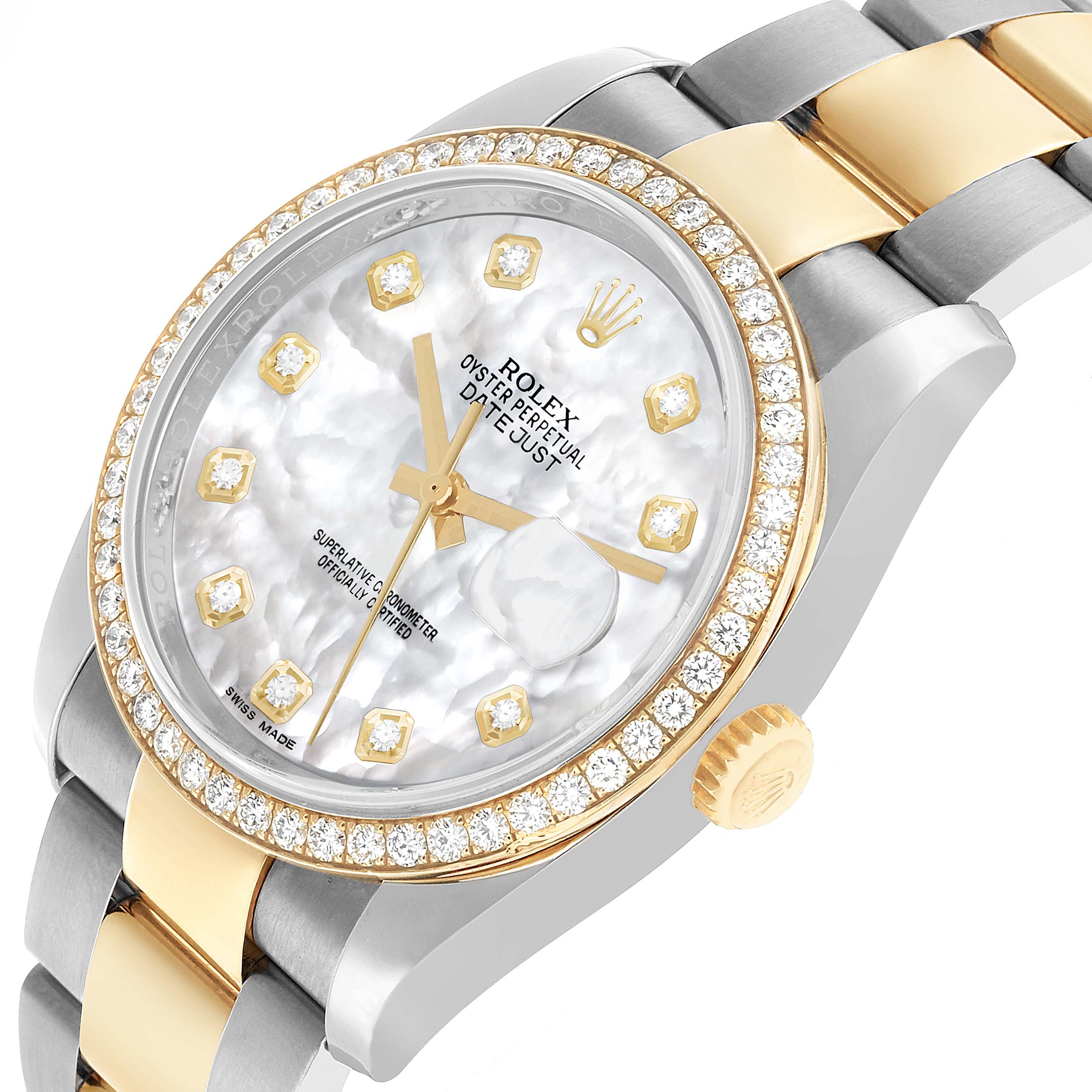 The image shows a close-up of the Rolex Datejust 116243 Men's Steel and Gold (two tone) Mother of Pearl Dial watch, focusing on the bezel, dial, crown, and part of the bracelet.