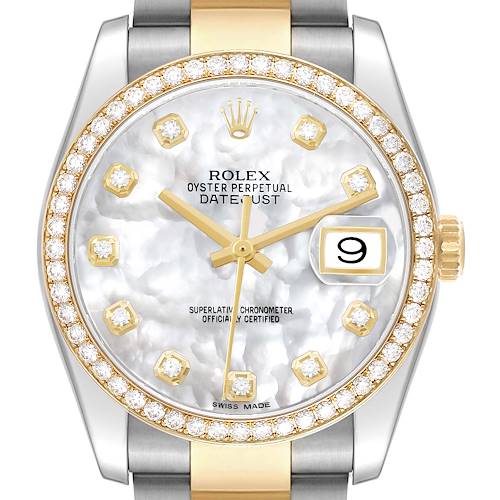 The Rolex Datejust 116243 Men's Steel and Gold (two tone) Mother of Pearl Dial watch is shown from the front, highlighting its mother-of-pearl dial, diamond hour markers, and gold accents.