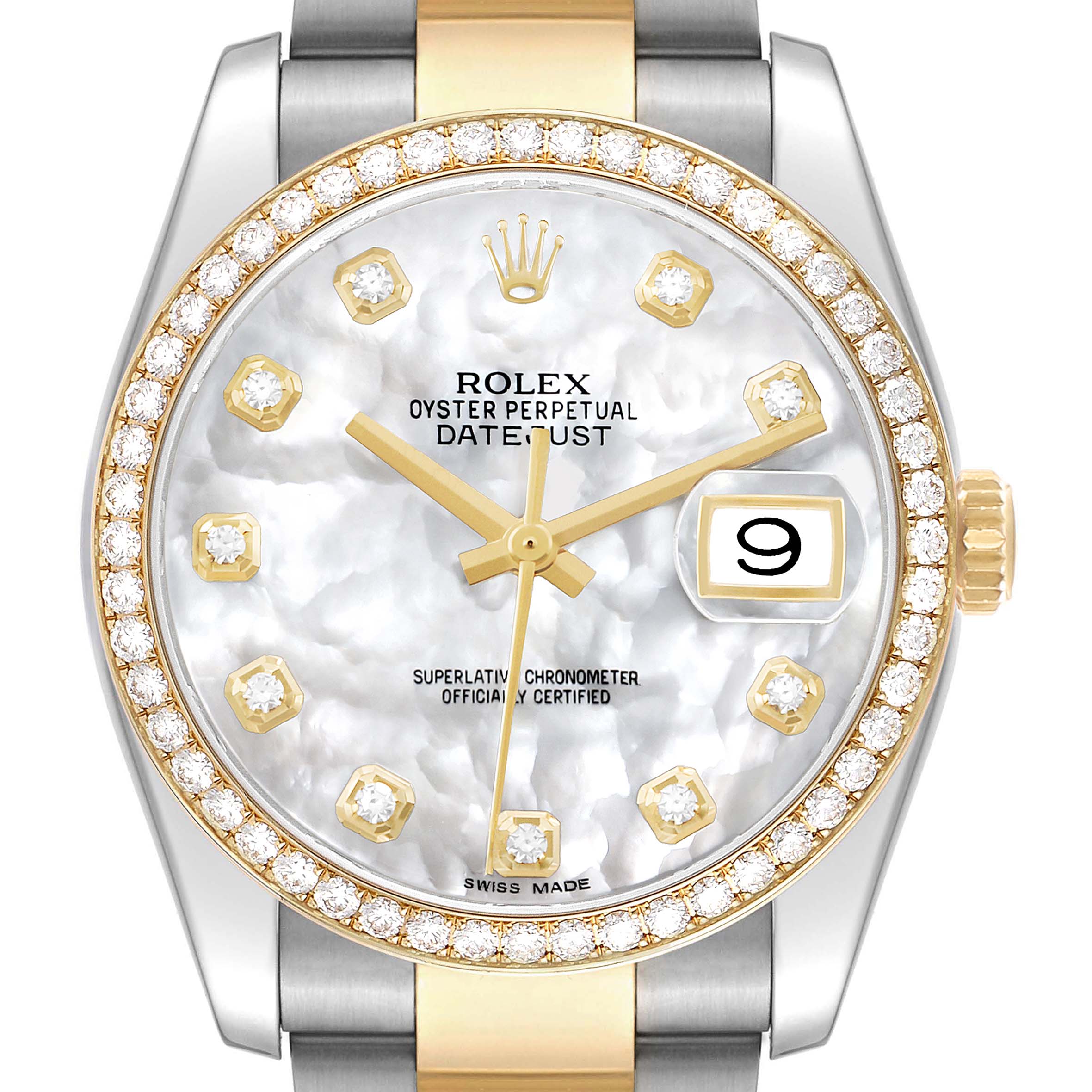 The Rolex Datejust 116243 Men's Steel and Gold (two tone) Mother of Pearl Dial watch is shown from the front, displaying its dial, bezel, crown, and a portion of the bracelet.