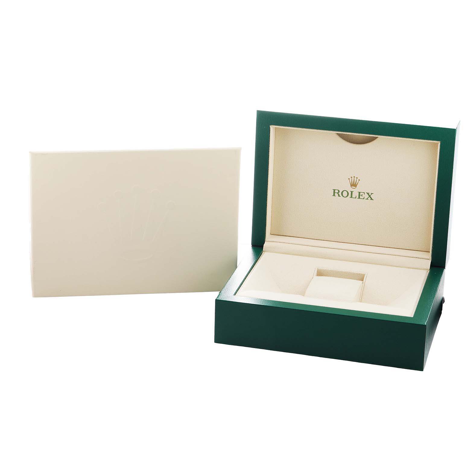 The image shows an open Rolex Datejust 116243 Men's Steel and Gold (two tone) Mother of Pearl Dial watch box at an angle, highlighting its interior with a cream-colored sleeve beside it.