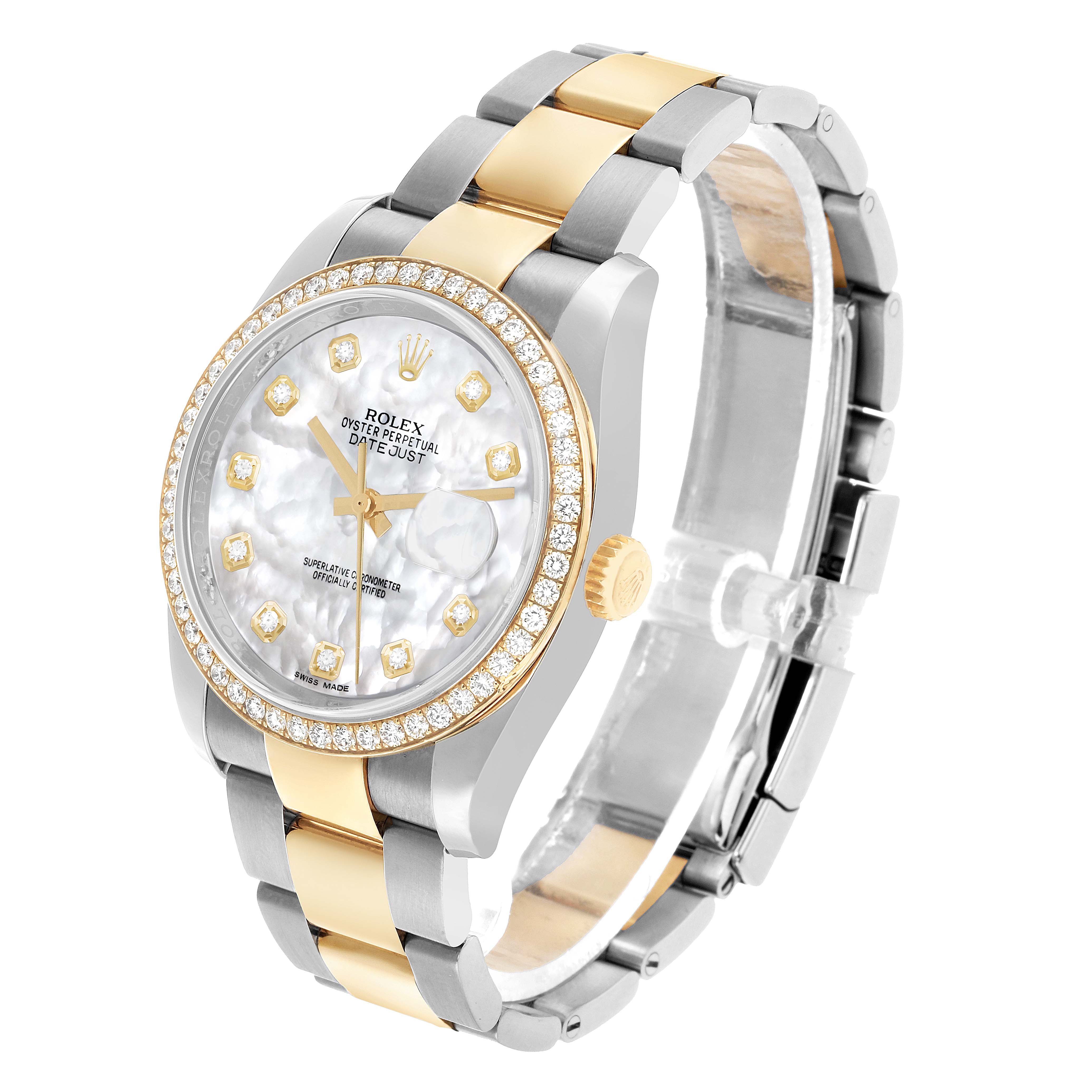 The Rolex Datejust 116243 Men's Steel and Gold (two tone) Mother of Pearl Dial watch is shown at a three-quarter angle, displaying the face, bezel, band, and crown.