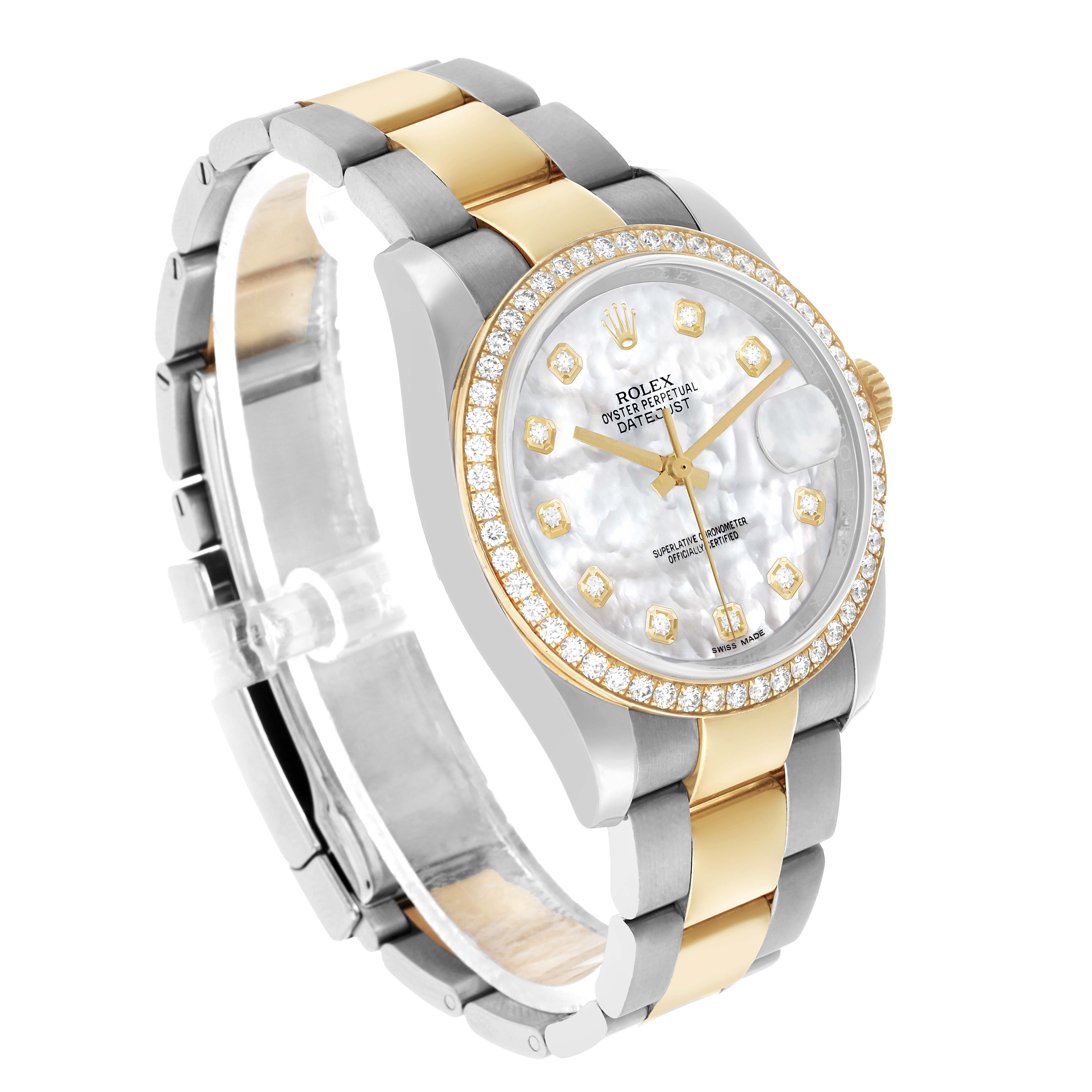 The Rolex Datejust 116243 Men's Steel and Gold (two tone) Mother of Pearl Dial is shown at a three-quarter angle, displaying its bezel, dial, and two-tone bracelet.
