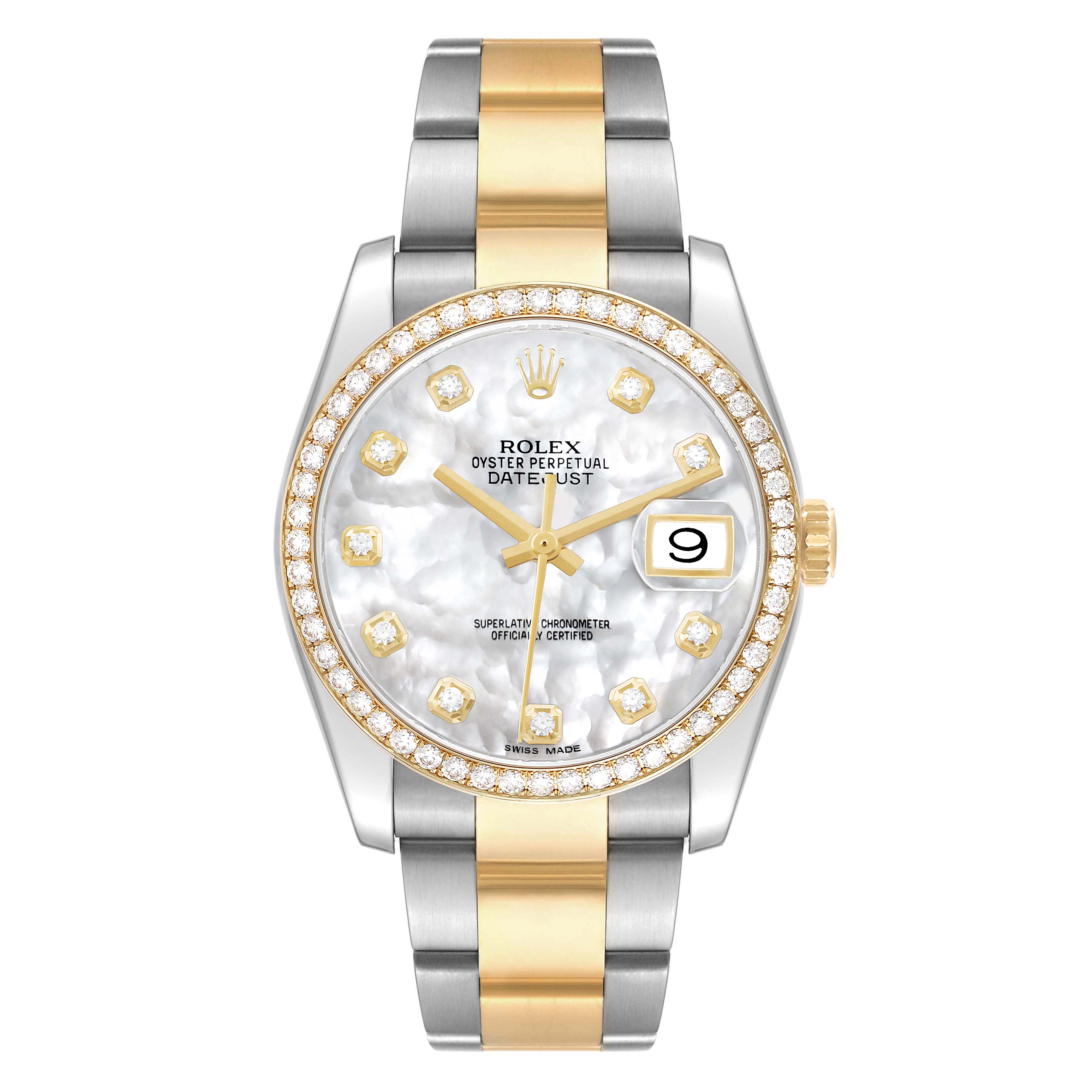 The Rolex Datejust 116243 Men's Steel and Gold (two tone) Mother of Pearl Dial watch is shown from a frontal angle, displaying the dial, bezel, bracelet, and crown.