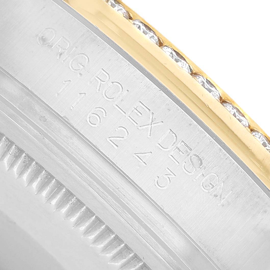 The image shows a close-up of the bezel and side engraving of the Rolex Datejust 116243 Men's Steel and Gold (two tone) Mother of Pearl Dial, highlighting the "ORIG. ROLEX DESIGN" and model number.