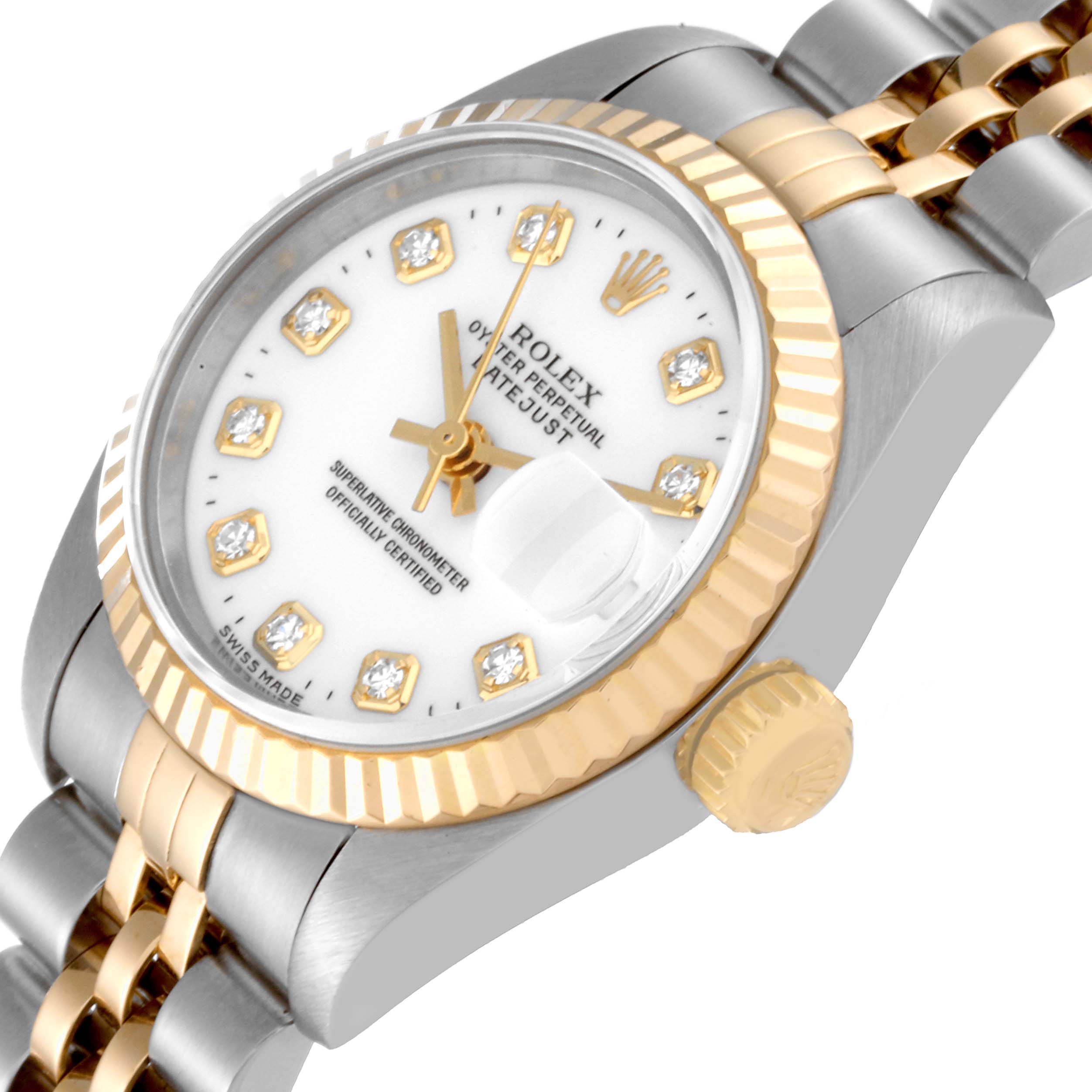 This image shows a close-up of the Rolex Datejust 69173 Women's Steel and Gold (two tone) White Dial 69173 Women's Steel and Gold (two tone) White Dial watch, highlighting its face, bezel, crown, and a part of the bracelet.