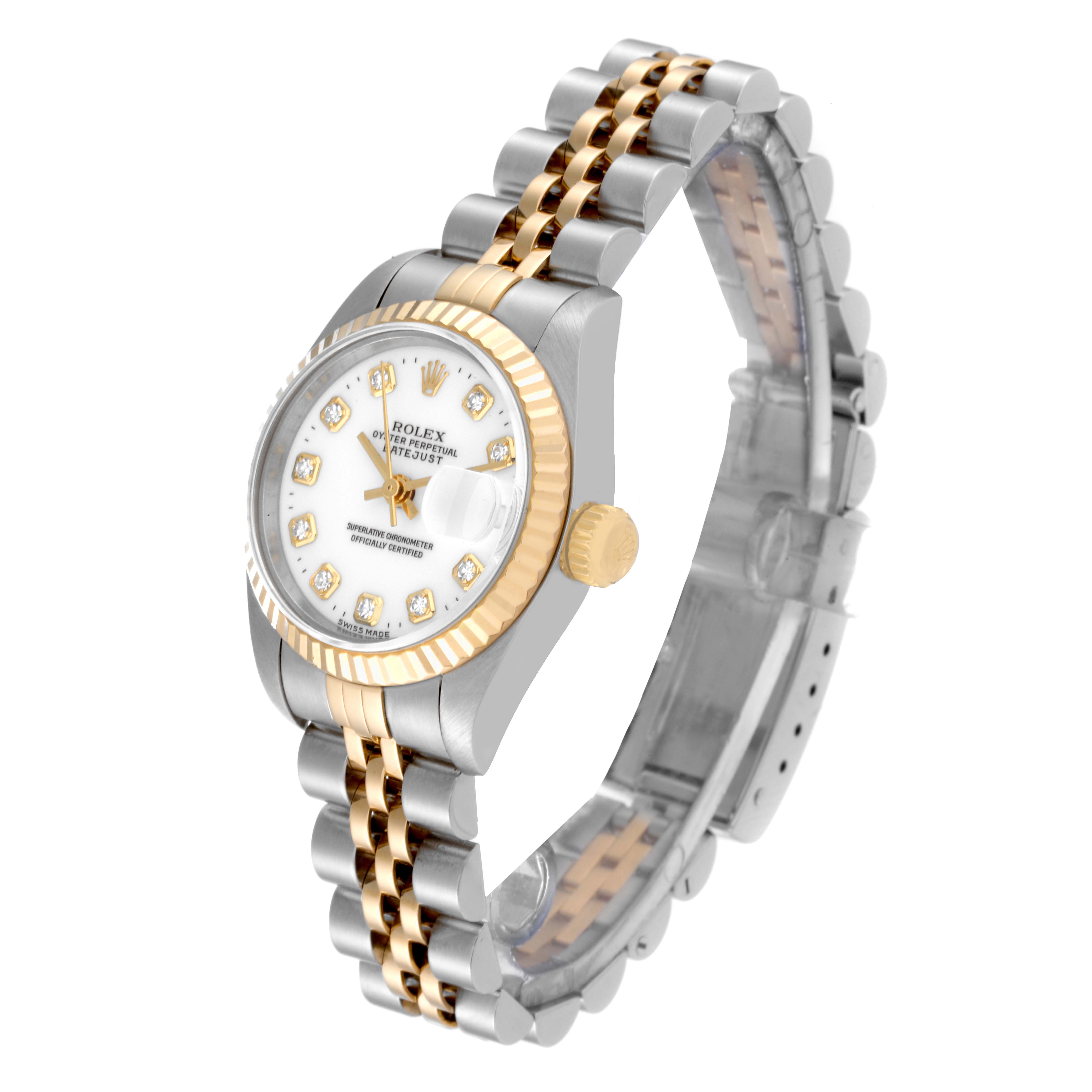 The Rolex Datejust 69173 Women's Steel and Gold (two tone) White Dial 69173 Women's Steel and Gold (two tone) White Dial watch is depicted from a three-quarter angle, showing the face, bezel, crown, and part of the bracelet.