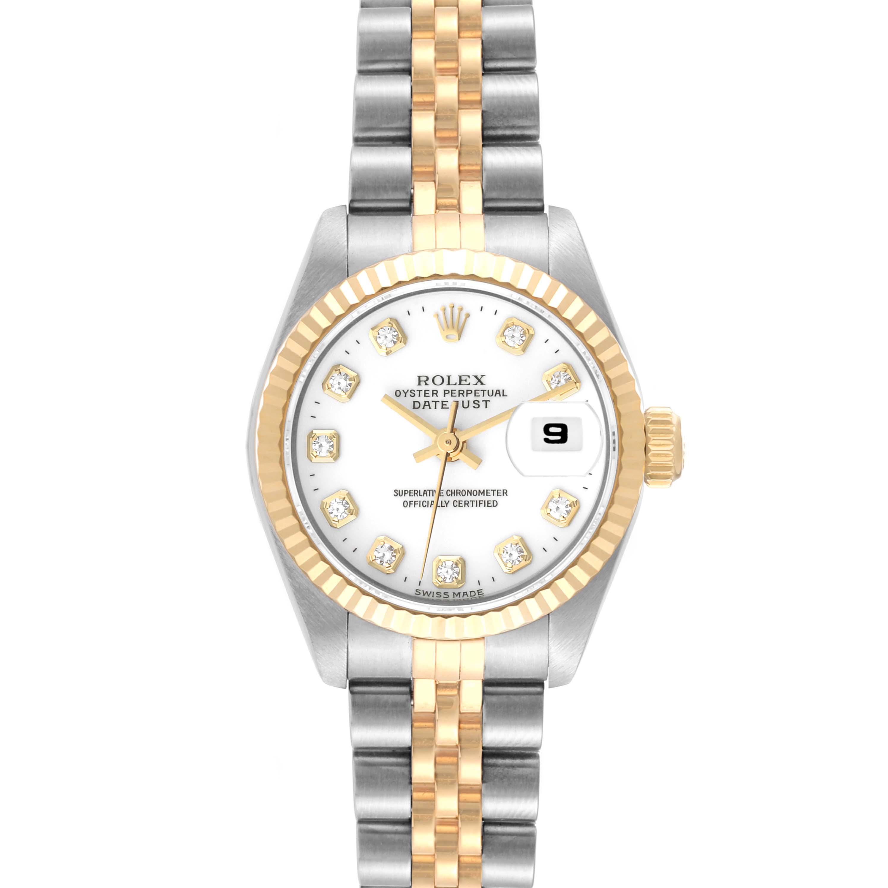 The image shows a Rolex Datejust 69173 Women's Steel and Gold (two tone) White Dial 69173 Women's Steel and Gold (two tone) White Dial model watch from the front, highlighting the dial, bezel, and bracelet.