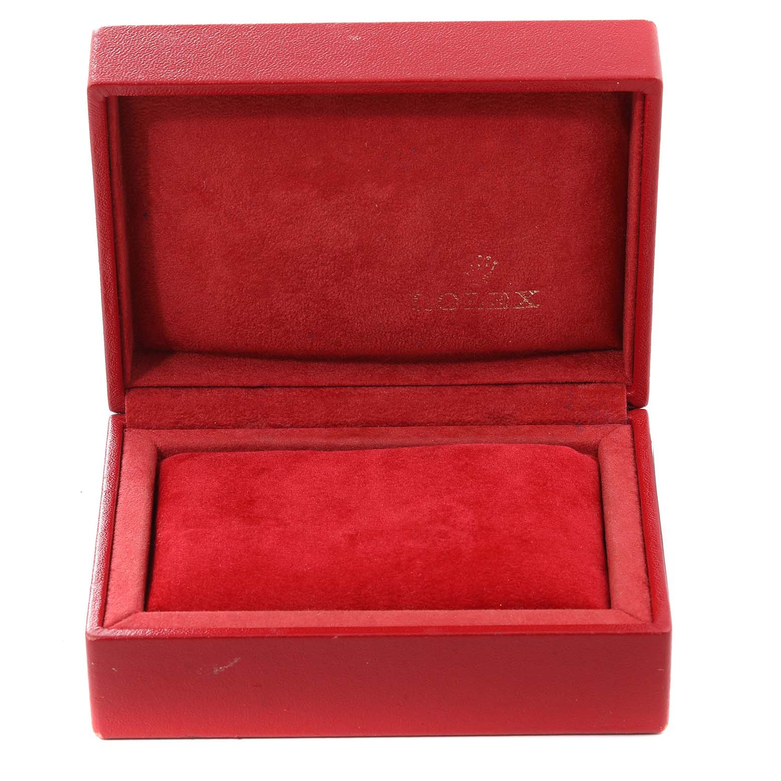 This is an empty red velvet Rolex Datejust 69173 Women's Steel and Gold (two tone) White Dial 69173 Women's Steel and Gold (two tone) White Dial watch box shown at an open angle.