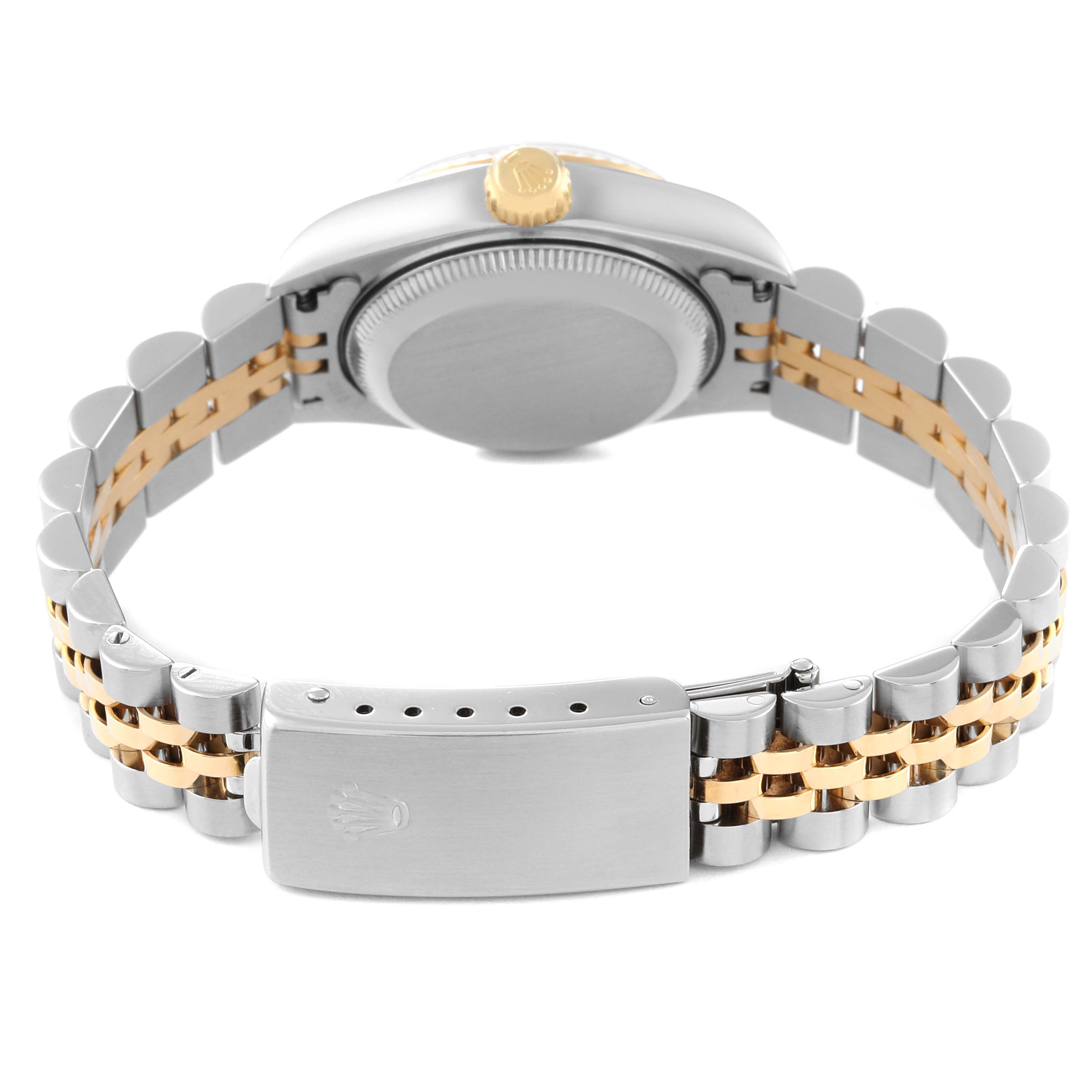 The image shows the back view of a Rolex Datejust 69173 Women's Steel and Gold (two tone) White Dial 69173 Women's Steel and Gold (two tone) White Dial watch, highlighting the case, bracelet, and clasp.