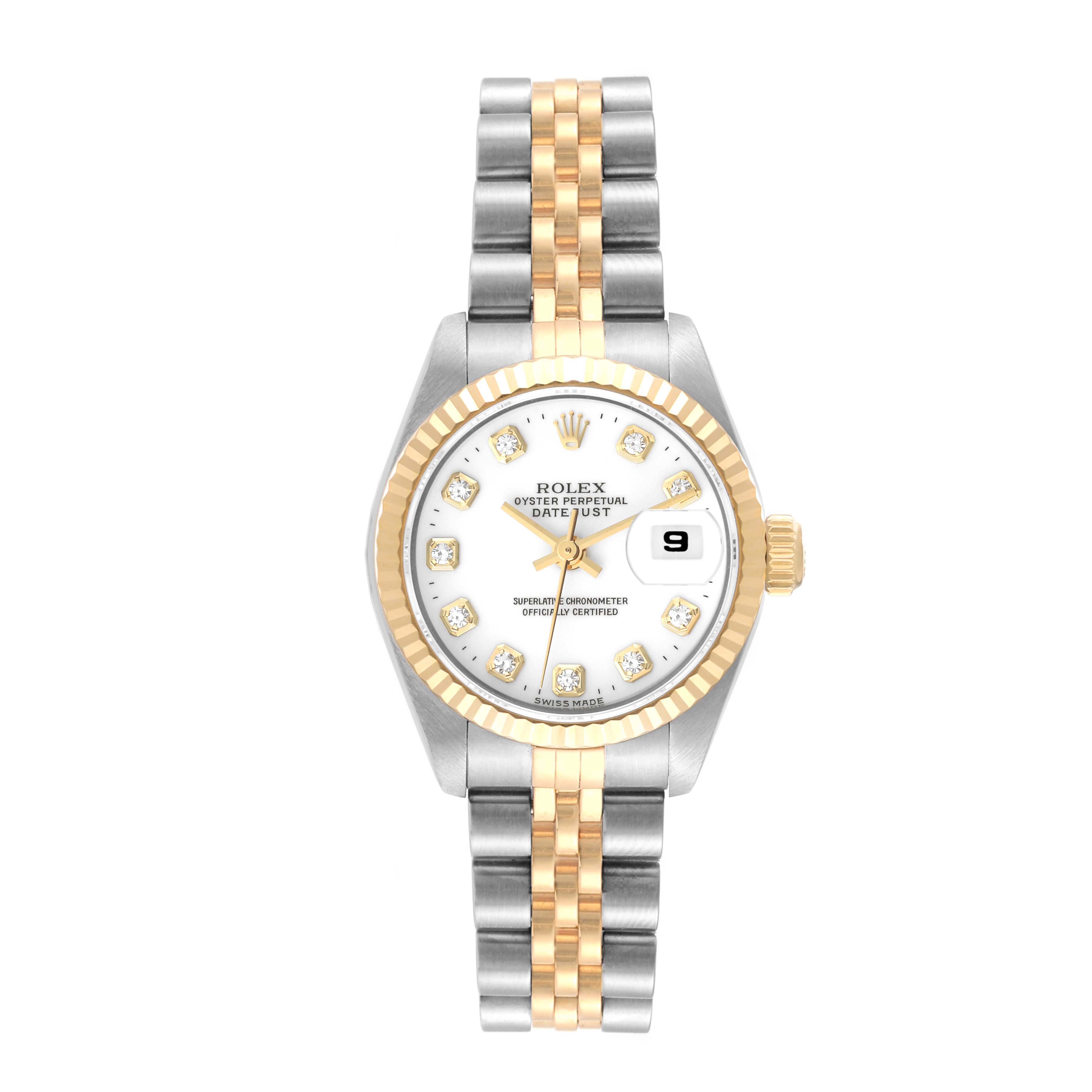 This image shows a Rolex Datejust 69173 Women's Steel and Gold (two tone) White Dial 69173 Women's Steel and Gold (two tone) White Dial watch straight-on, highlighting the dial, bezel, and two-tone bracelet.