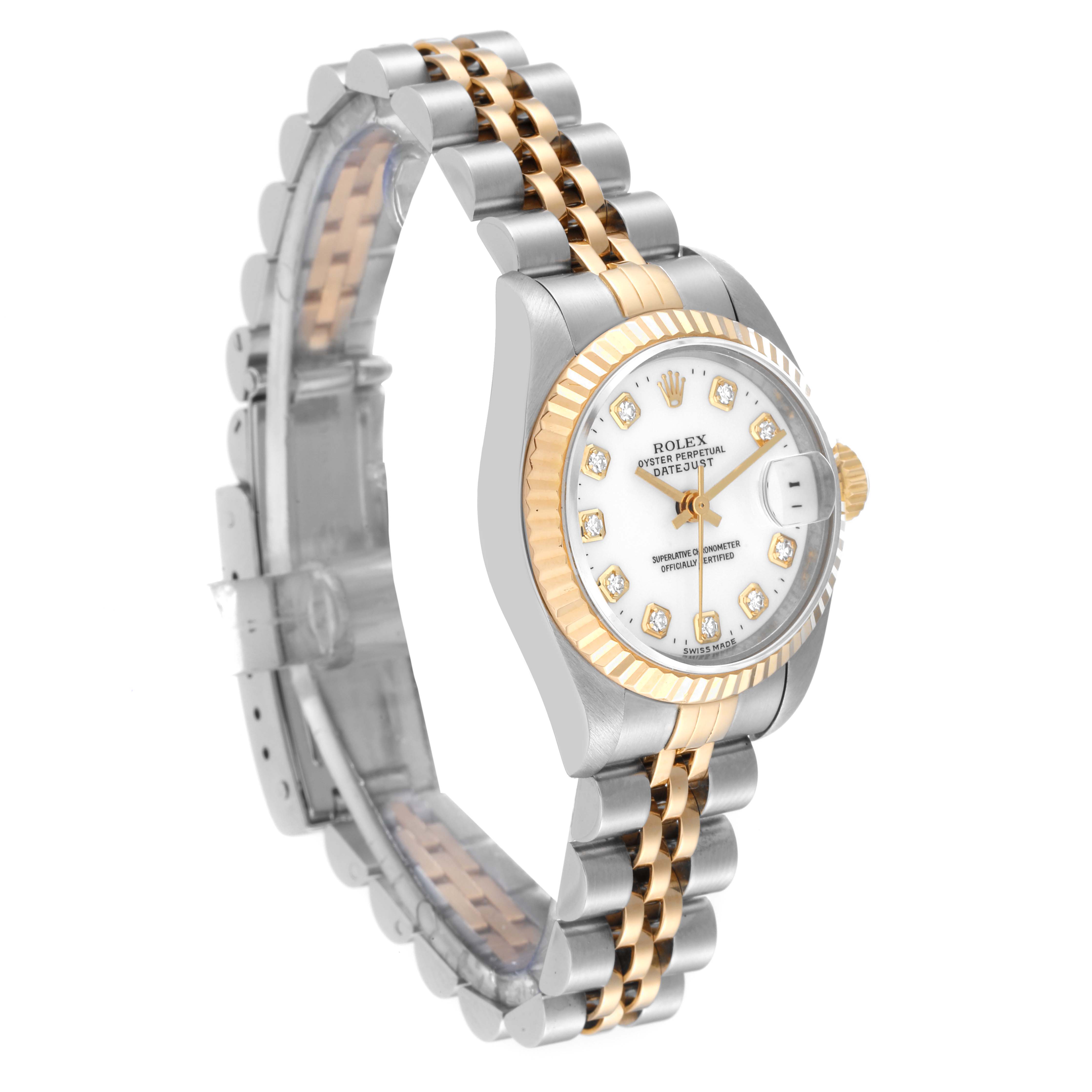 The image shows a Rolex Datejust 69173 Women's Steel and Gold (two tone) White Dial 69173 Women's Steel and Gold (two tone) White Dial watch at a three-quarter angle, highlighting the bracelet, bezel, dial, and crown.