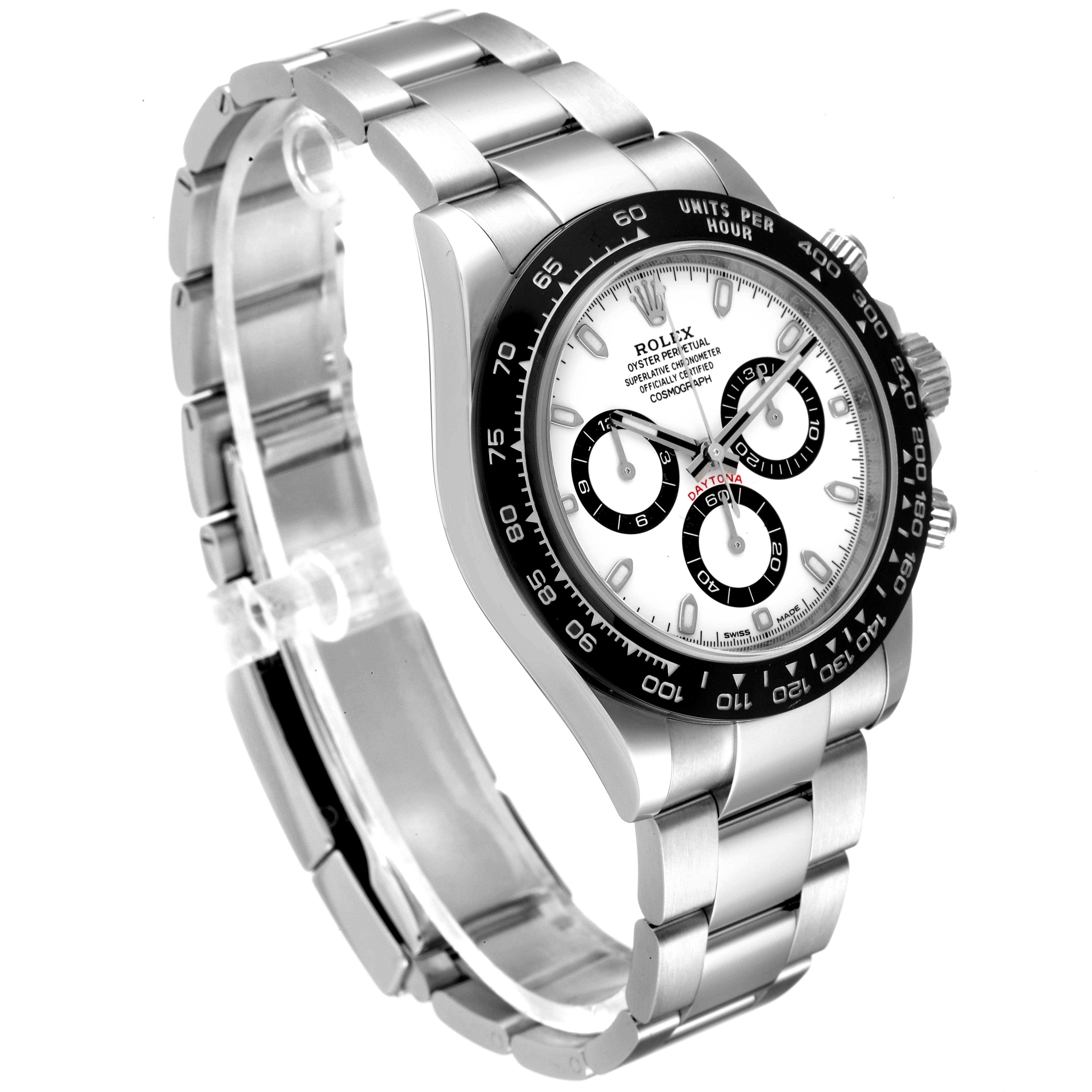 The image shows a Rolex Daytona 116500 Men's Stainless Steel White Dial 116500 Men's Stainless Steel White Dial watch at a slight angle, highlighting its face, bezel, and stainless steel bracelet.