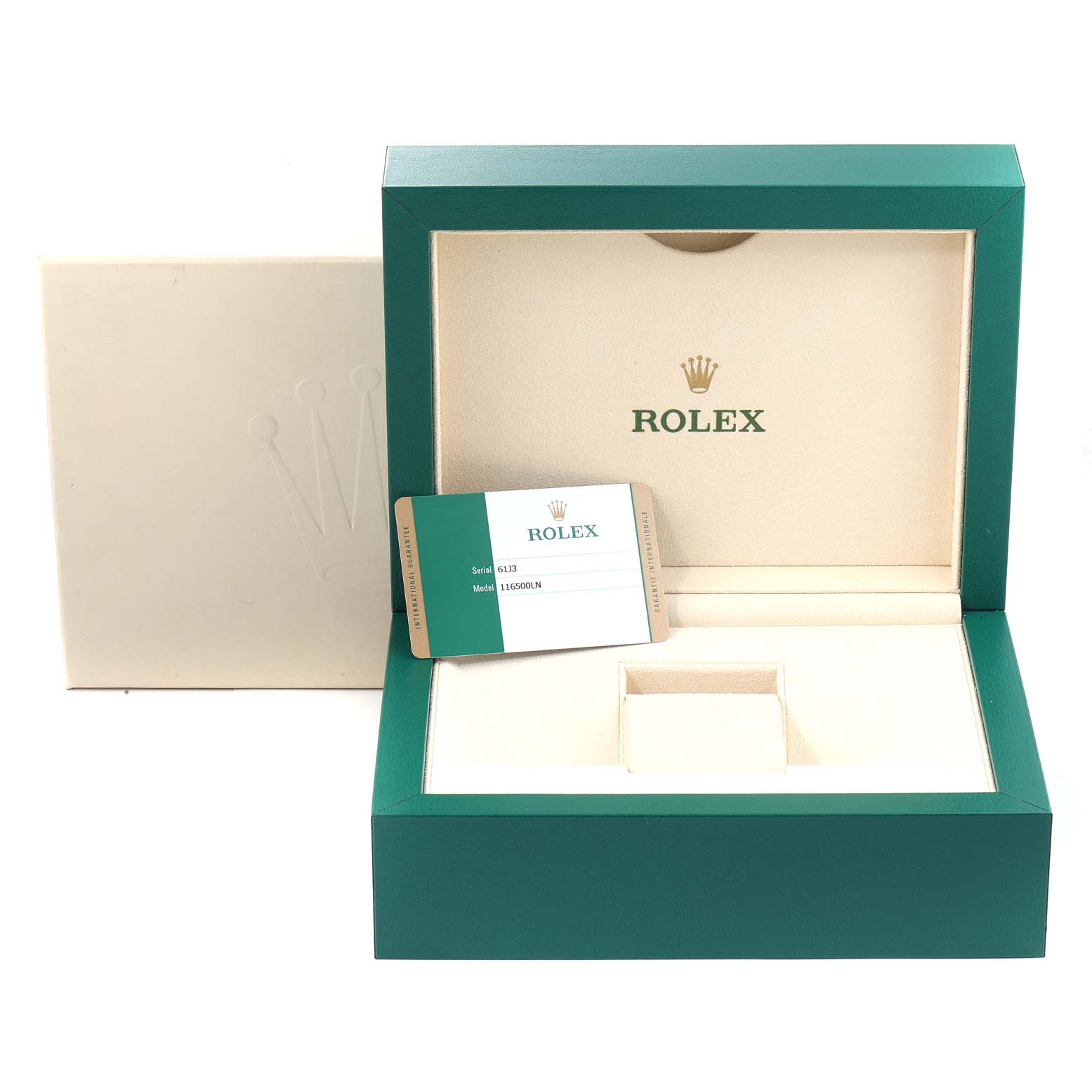 This image shows the open packaging box and authenticity card for a Rolex Daytona 116500 Men's Stainless Steel White Dial 116500 Men's Stainless Steel White Dial watch.