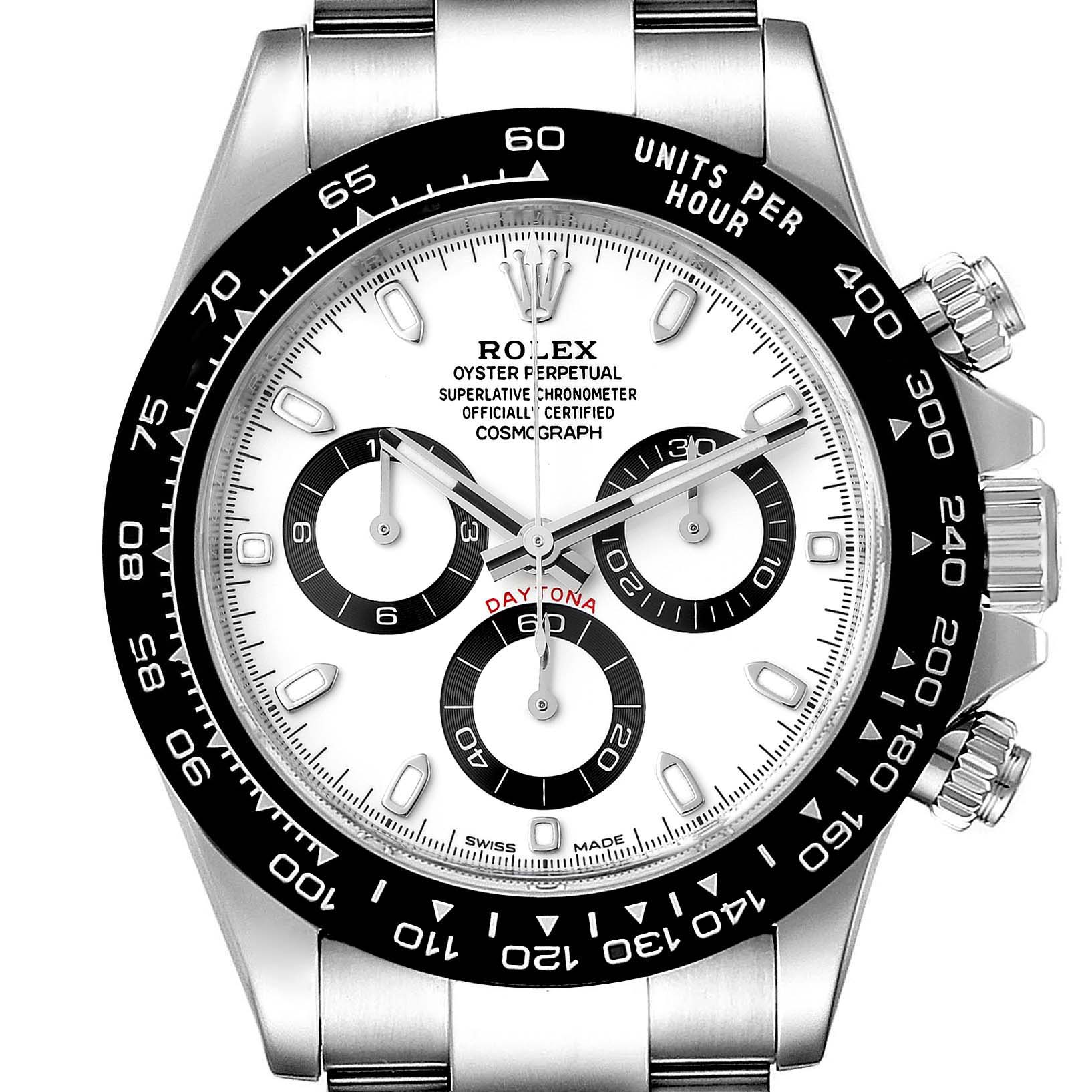 The image shows a front view of the Rolex Daytona 116500 Men's Stainless Steel White Dial 116500 Men's Stainless Steel White Dial watch, highlighting its bezel, dial, subdials, and crown.