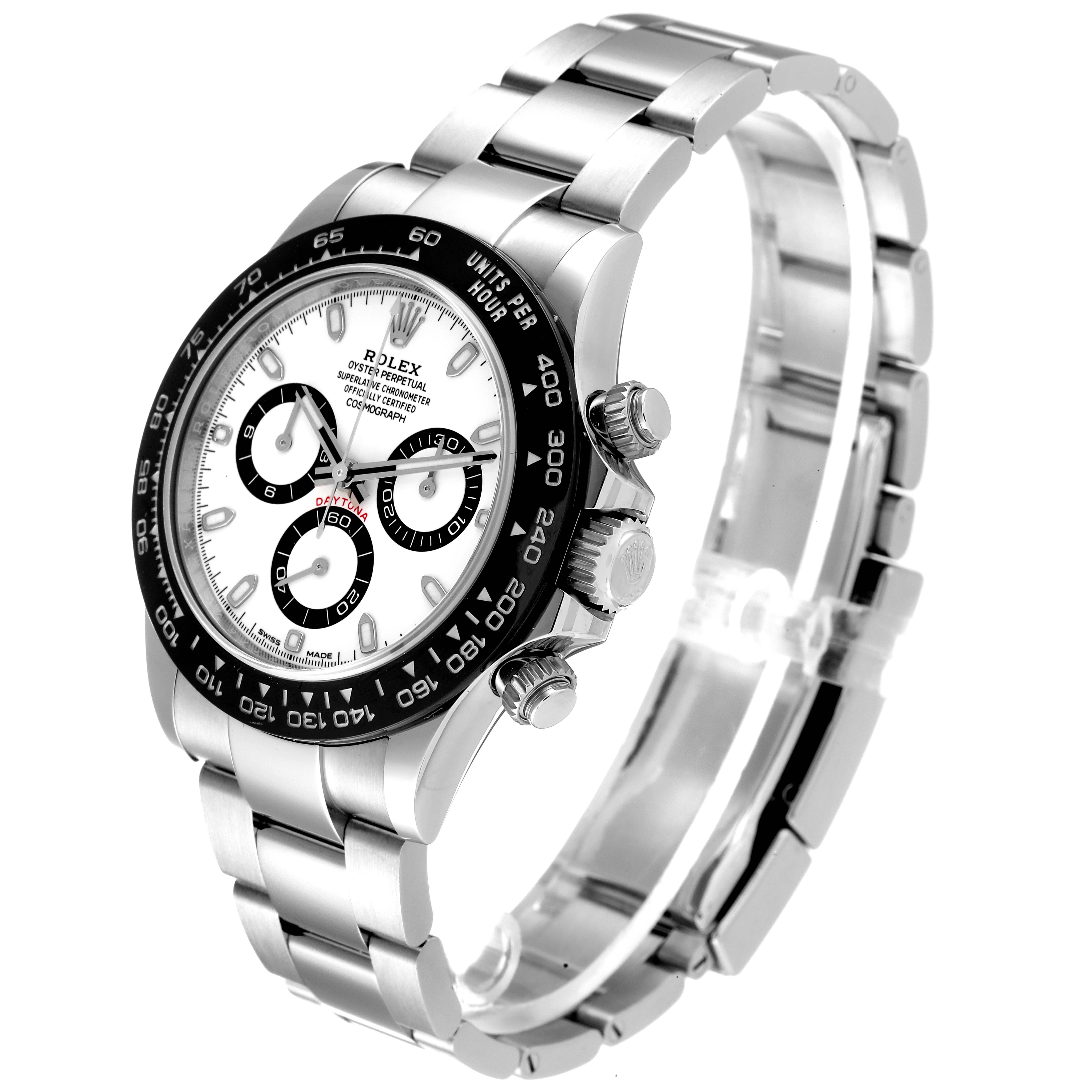 The image shows a side and front angle of the Rolex Daytona 116500 Men's Stainless Steel White Dial 116500 Men's Stainless Steel White Dial watch, displaying its face, bezel, crown, and stainless steel bracelet.