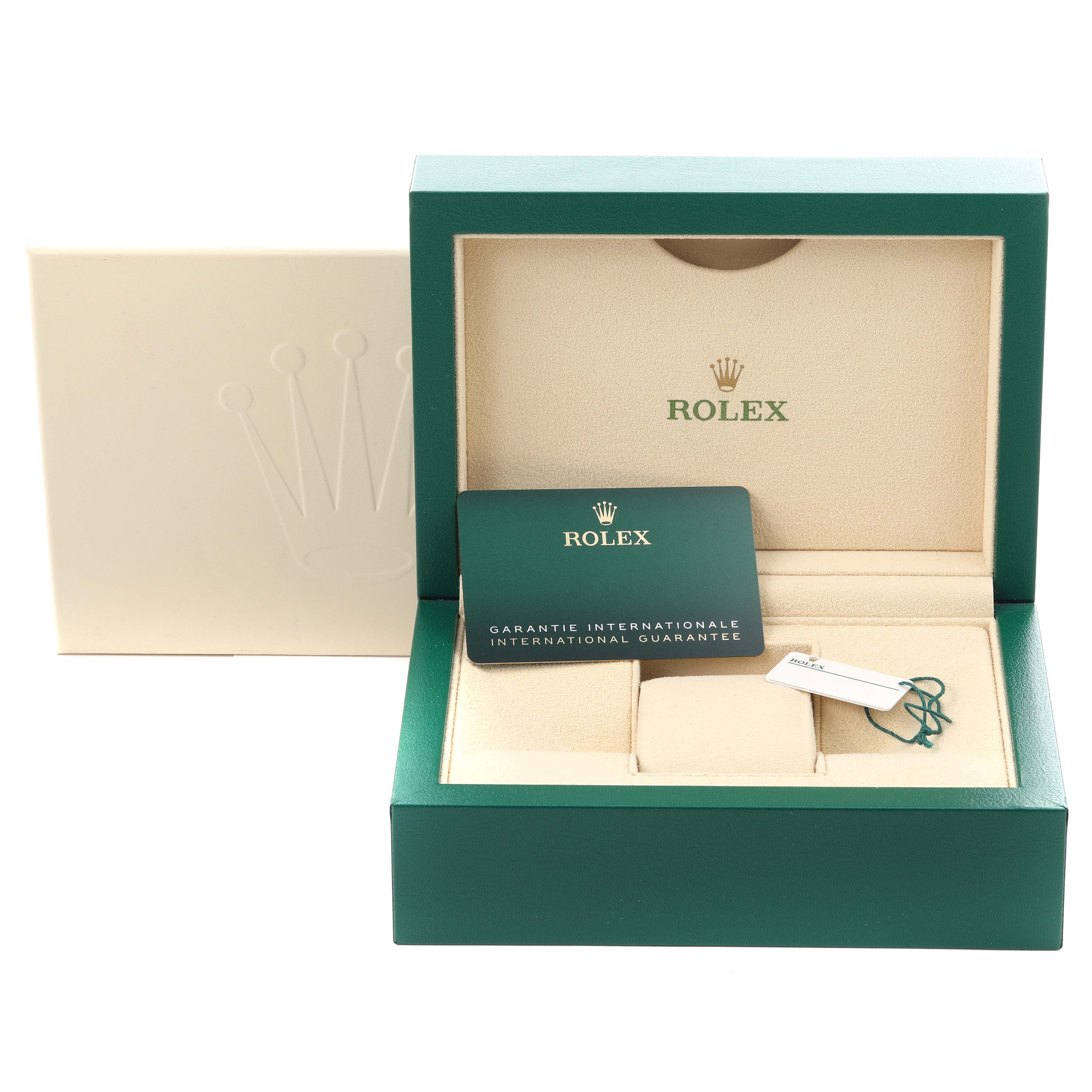 The image shows a Rolex Daytona 116500LN Men's Stainless Steel Black Dial 116500LN Men's Stainless Steel Black Dial box, warranty card, and tags from a frontal angle.