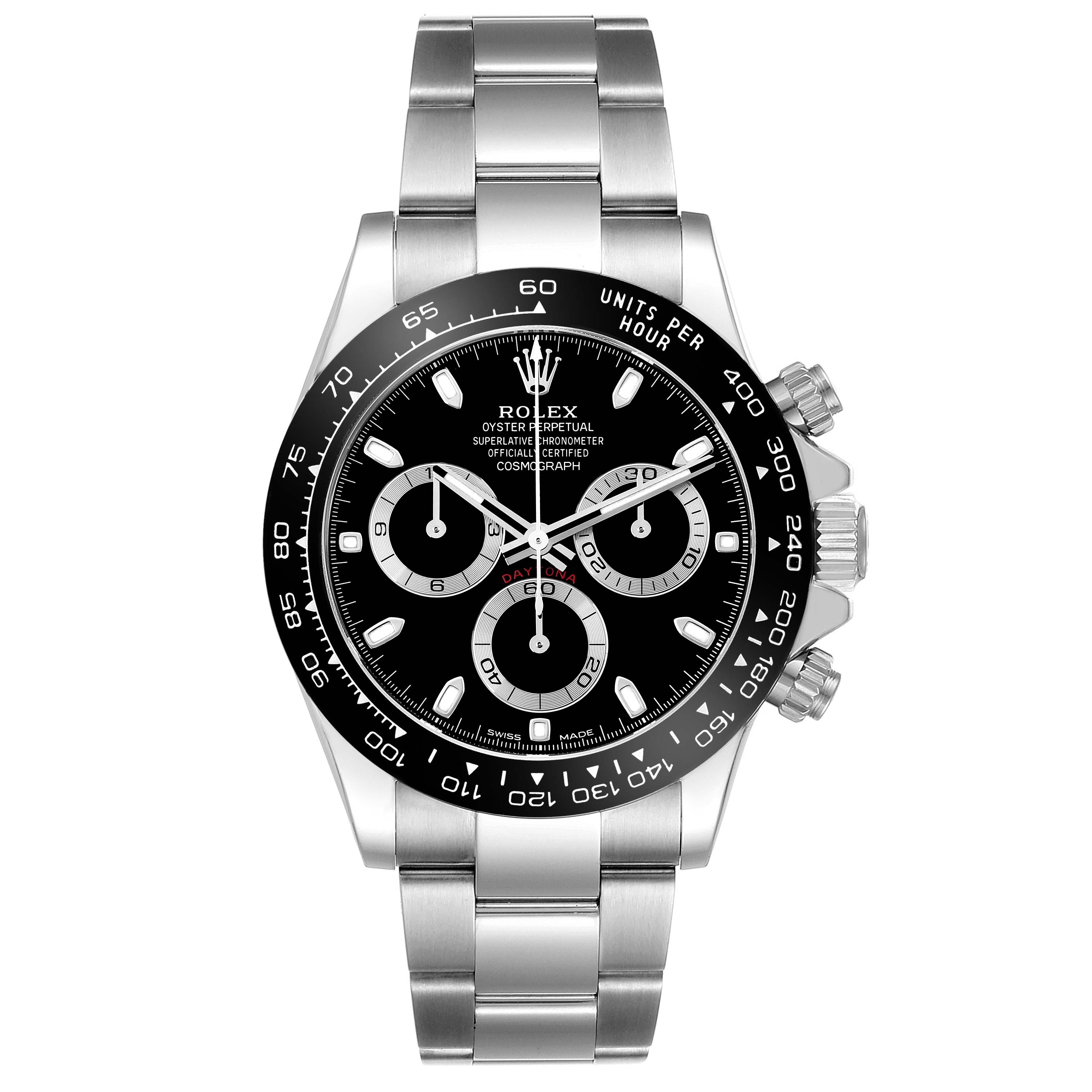 The Rolex Daytona 116500LN Men's Stainless Steel Black Dial 116500LN Men's Stainless Steel Black Dial is shown from the front, highlighting its dial, bezel, and bracelet.