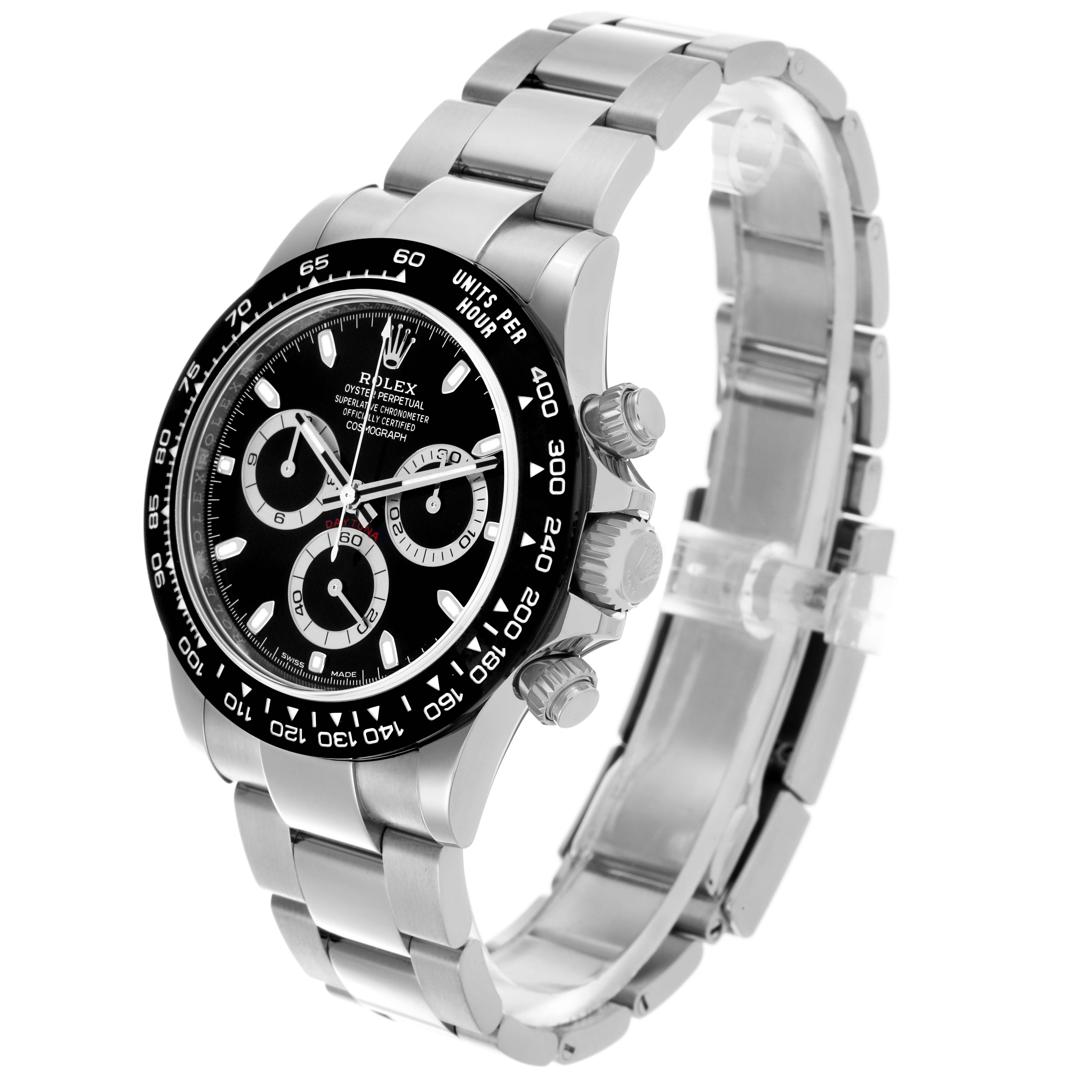The Rolex Daytona 116500LN Men's Stainless Steel Black Dial 116500LN Men's Stainless Steel Black Dial watch is shown at a three-quarter angle, highlighting the face, bezel, and bracelet.