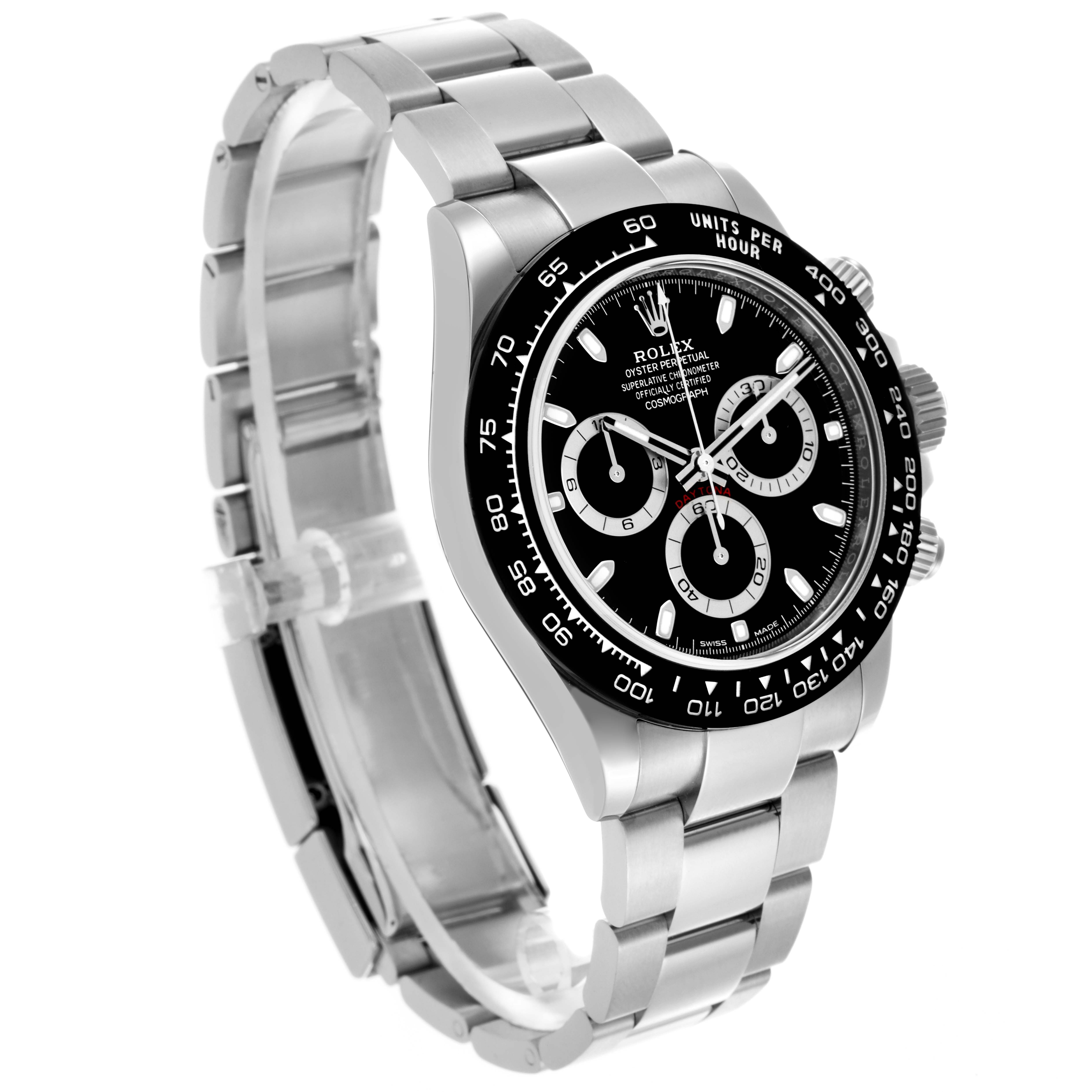 The Rolex Daytona 116500LN Men's Stainless Steel Black Dial 116500LN Men's Stainless Steel Black Dial watch is shown at a three-quarter angle, displaying its face, bezel, and metal bracelet.