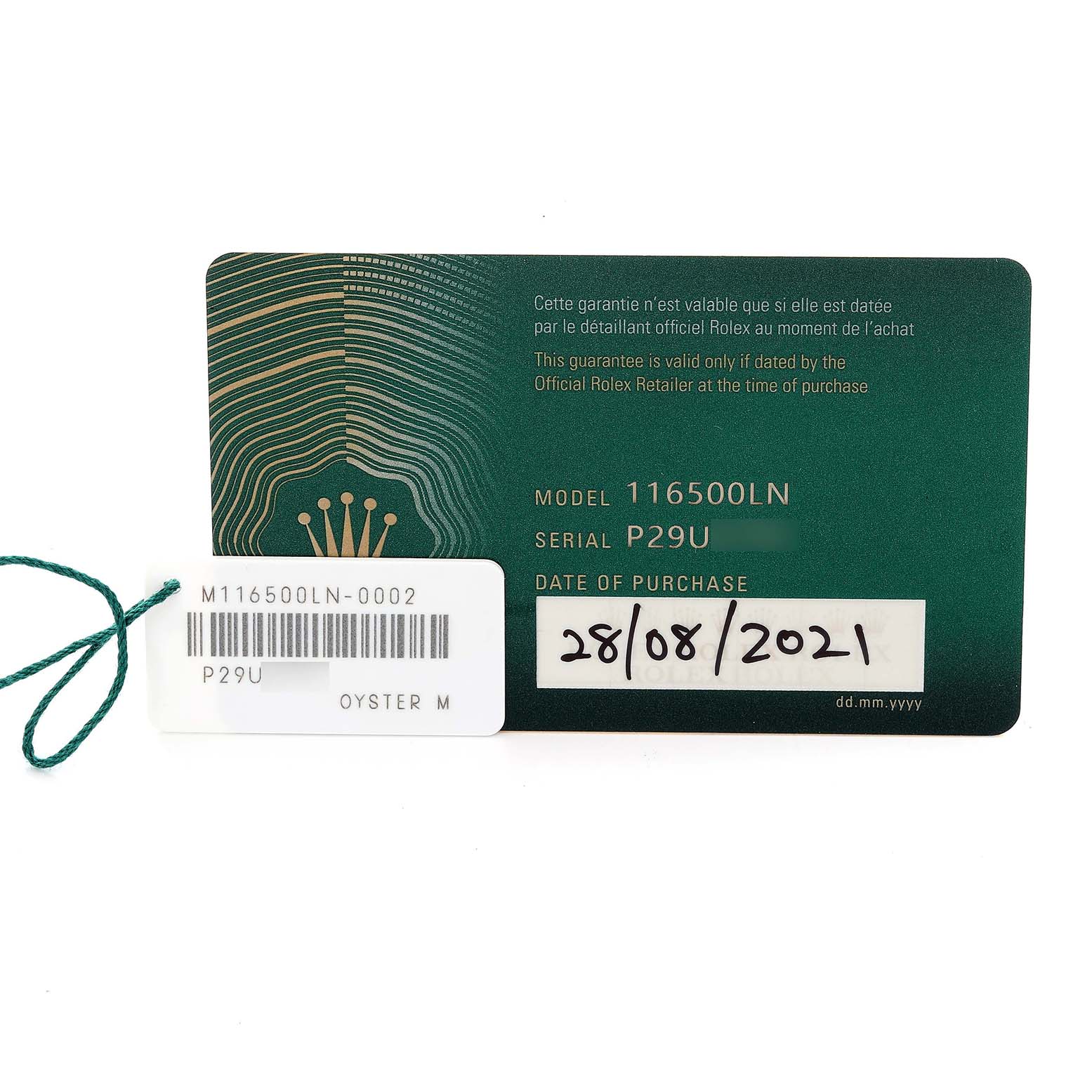 The image shows a Rolex Daytona 116500LN Men's Stainless Steel Black Dial 116500LN Men's Stainless Steel Black Dial warranty card with model and serial number details.