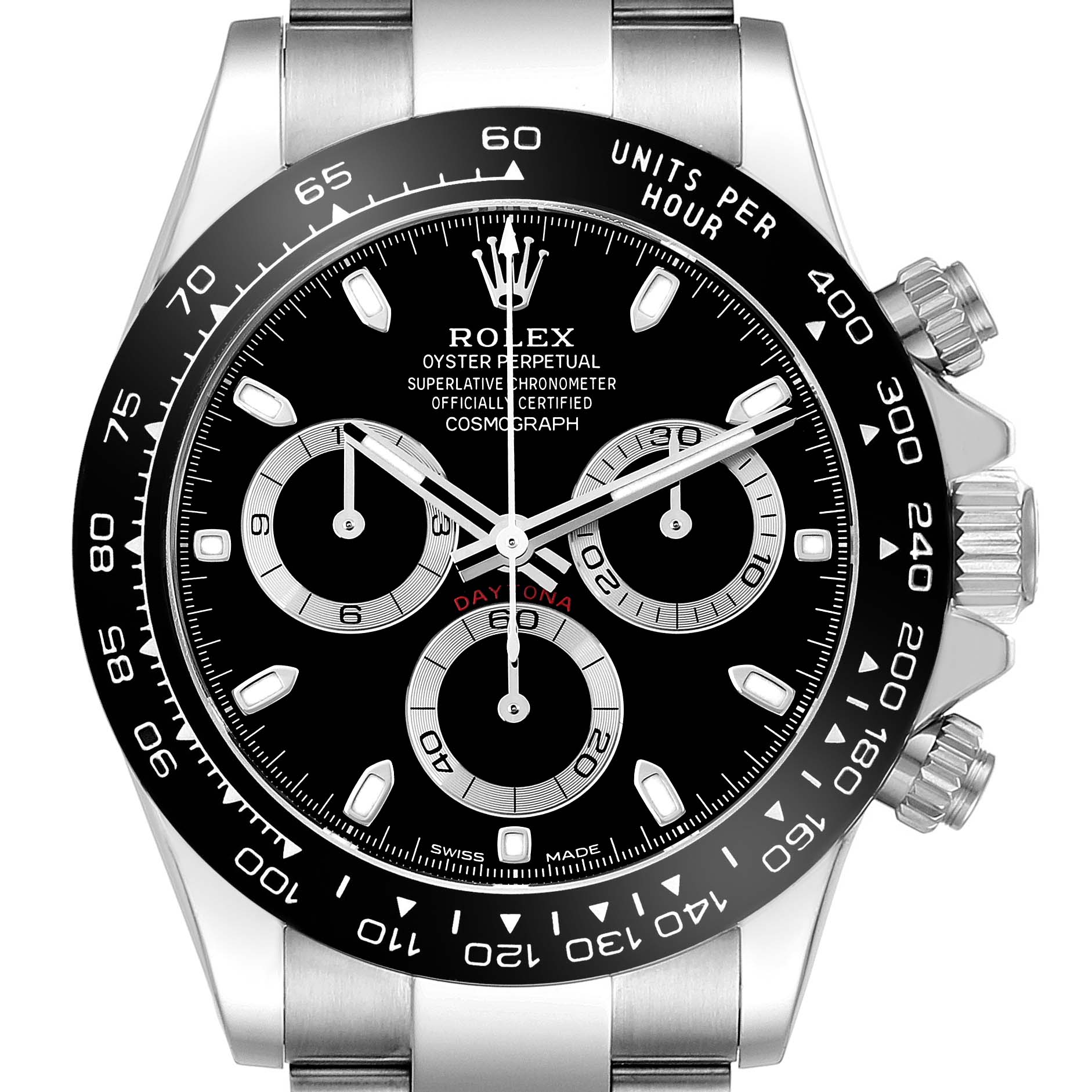 The Rolex Daytona 116500LN Men's Stainless Steel Black Dial 116500LN Men's Stainless Steel Black Dial watch is shown from the front, displaying the bezel, dials, and part of the bracelet.