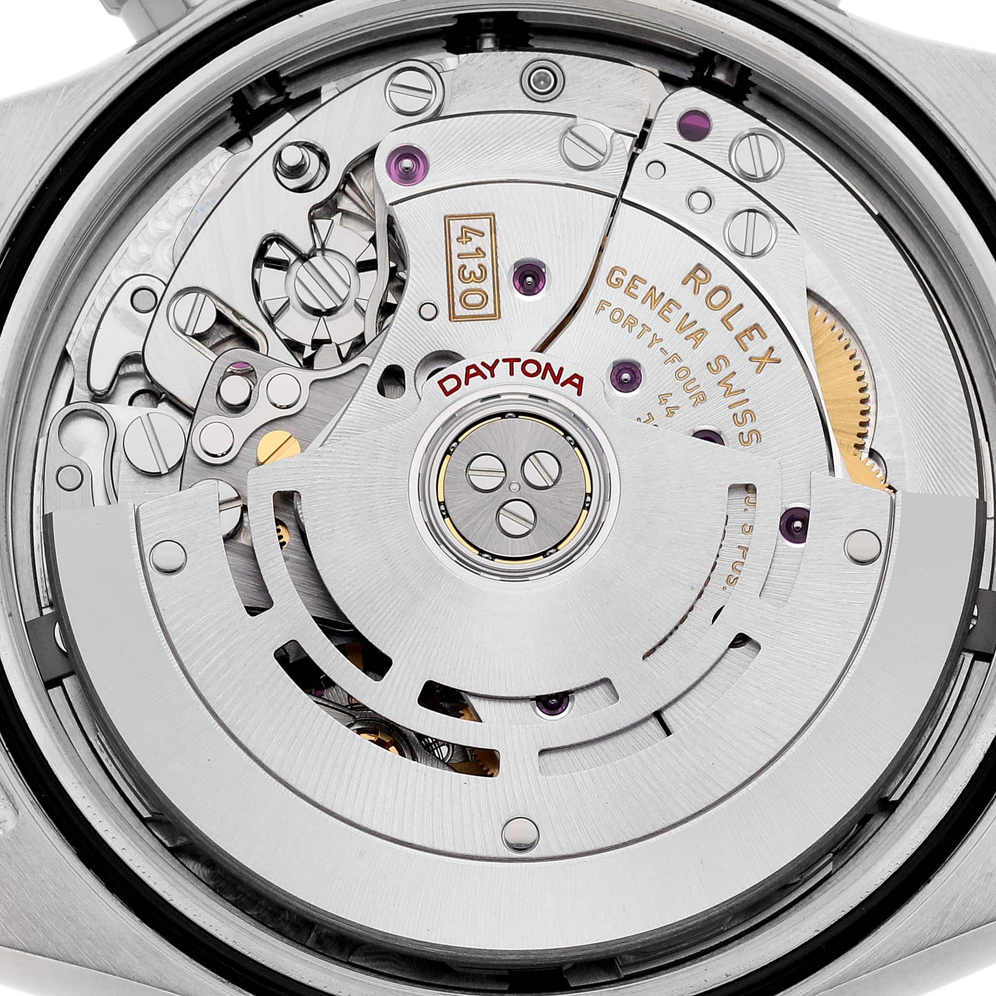 This image shows the movement of a Rolex Daytona 116500LN Men's Stainless Steel Black Dial 116500LN Men's Stainless Steel Black Dial watch from the back, highlighting its intricate mechanisms.