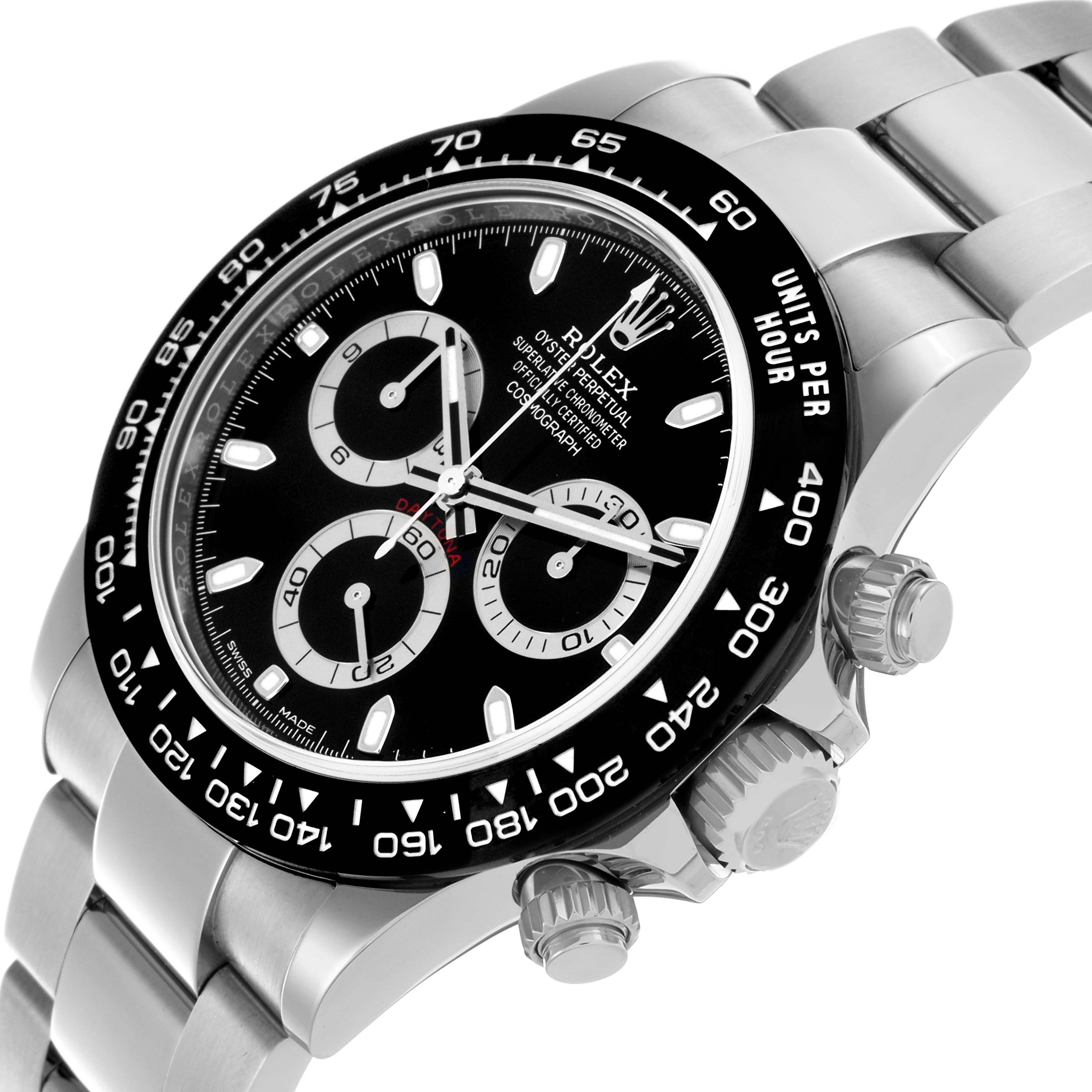 The Rolex Daytona 116500LN Men's Stainless Steel Black Dial 116500LN Men's Stainless Steel Black Dial watch is shown at an angle highlighting the dial, bezel, crown, and bracelet.