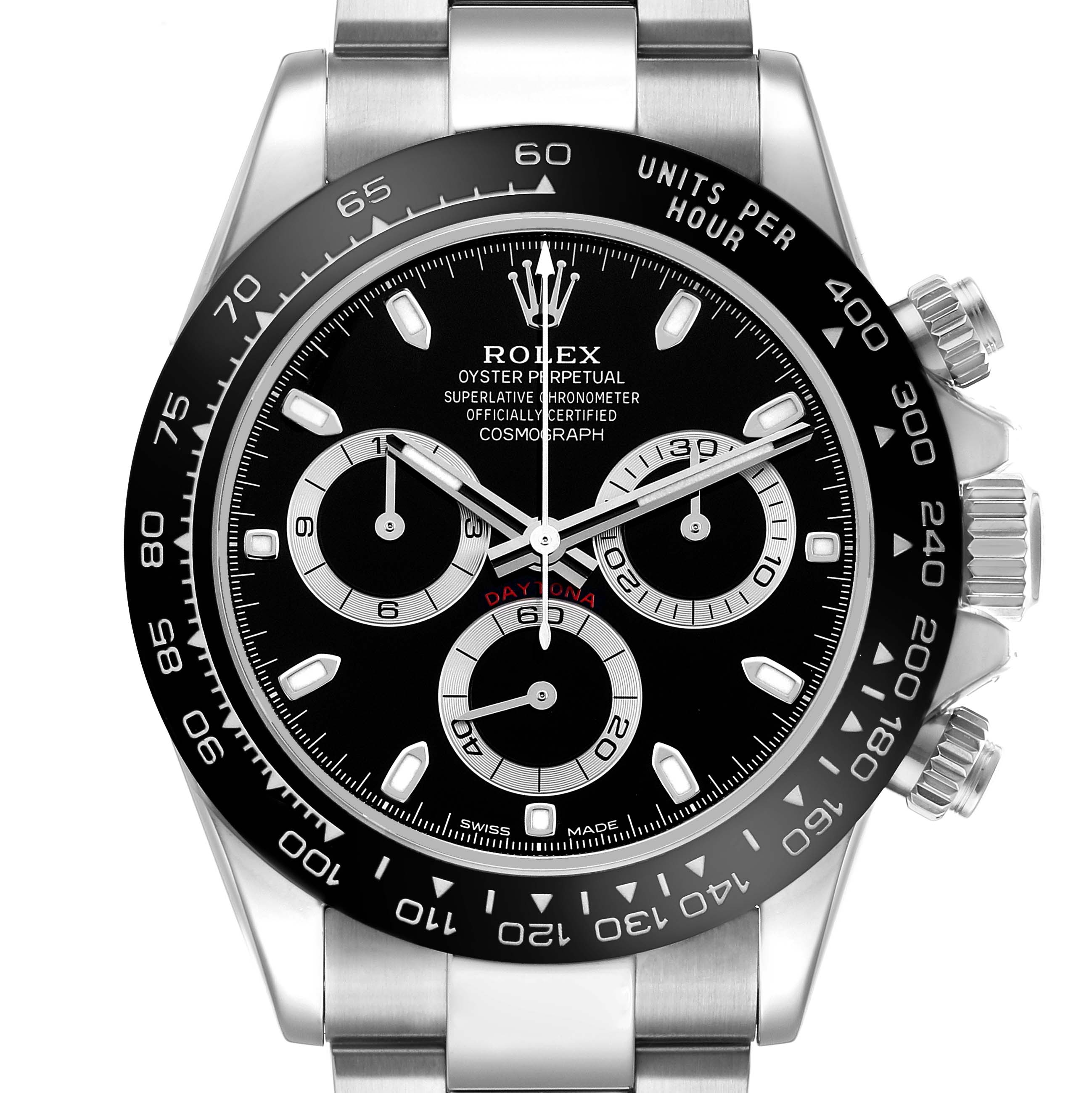The Rolex Daytona 116500LN Men's Stainless Steel Black Dial watch is shown from the front, highlighting the dial, bezel, and subdials.