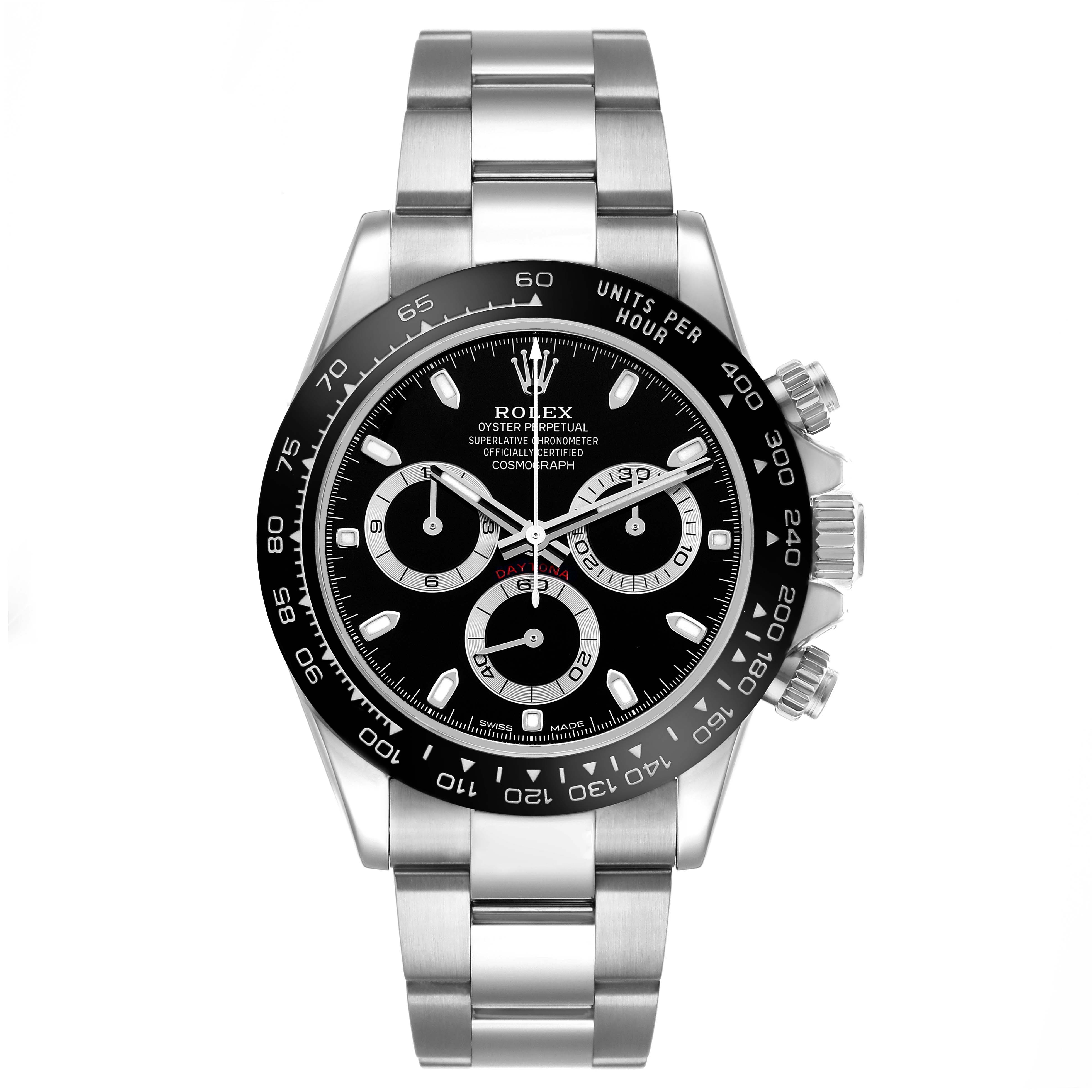The Rolex Daytona 116500LN Men's Stainless Steel Black Dial watch is shown from the front, featuring the dial, bezel, and bracelet.