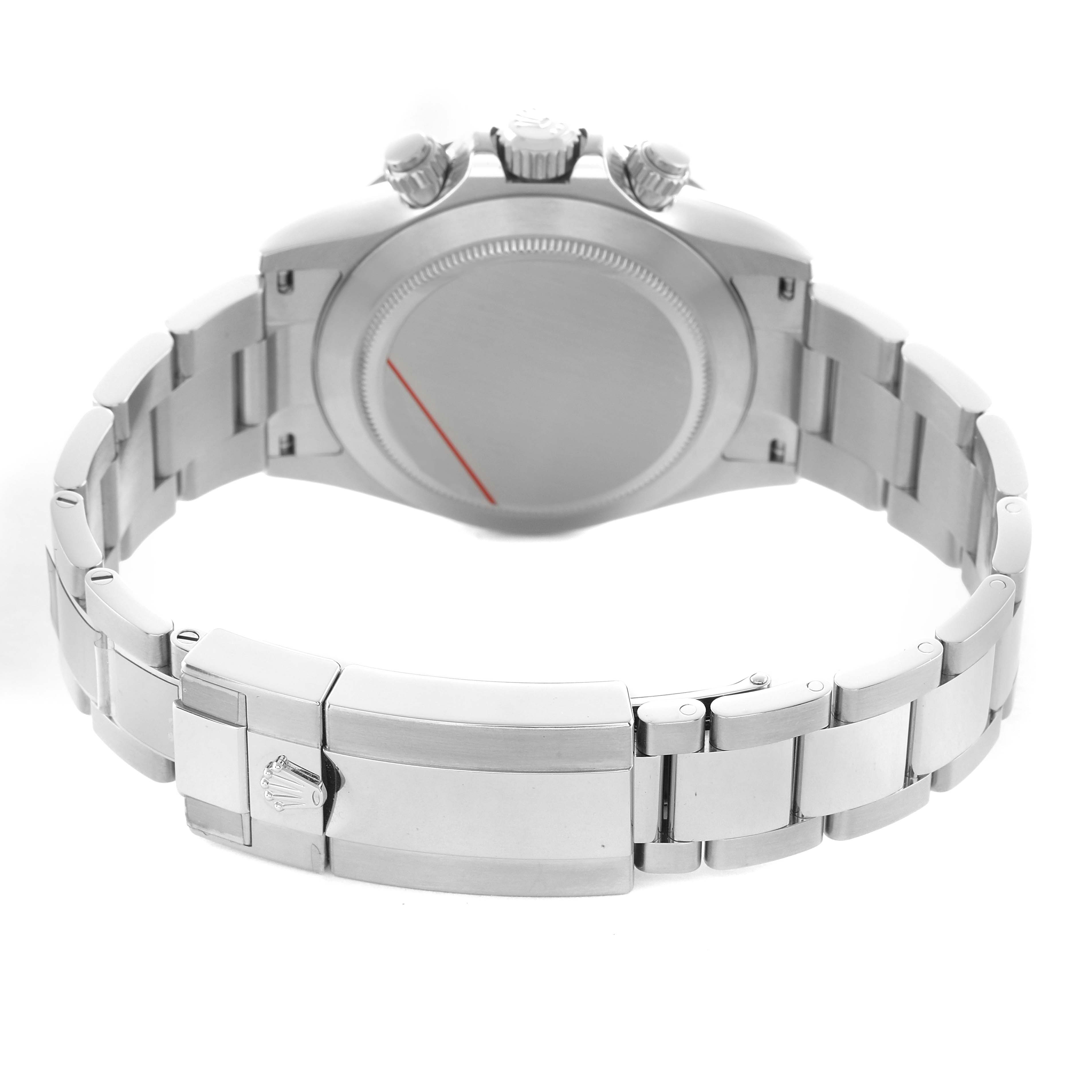 The image shows the back view of a Rolex Daytona 116500LN Men's Stainless Steel Black Dial watch, focusing on the bracelet and closed clasp.