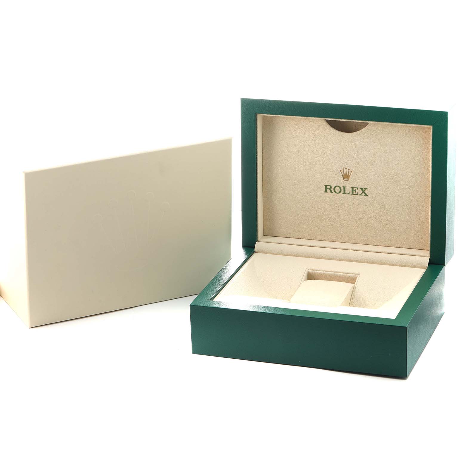 The image shows an open Rolex box for the Daytona model, highlighting the interior with the Rolex logo and cushion.