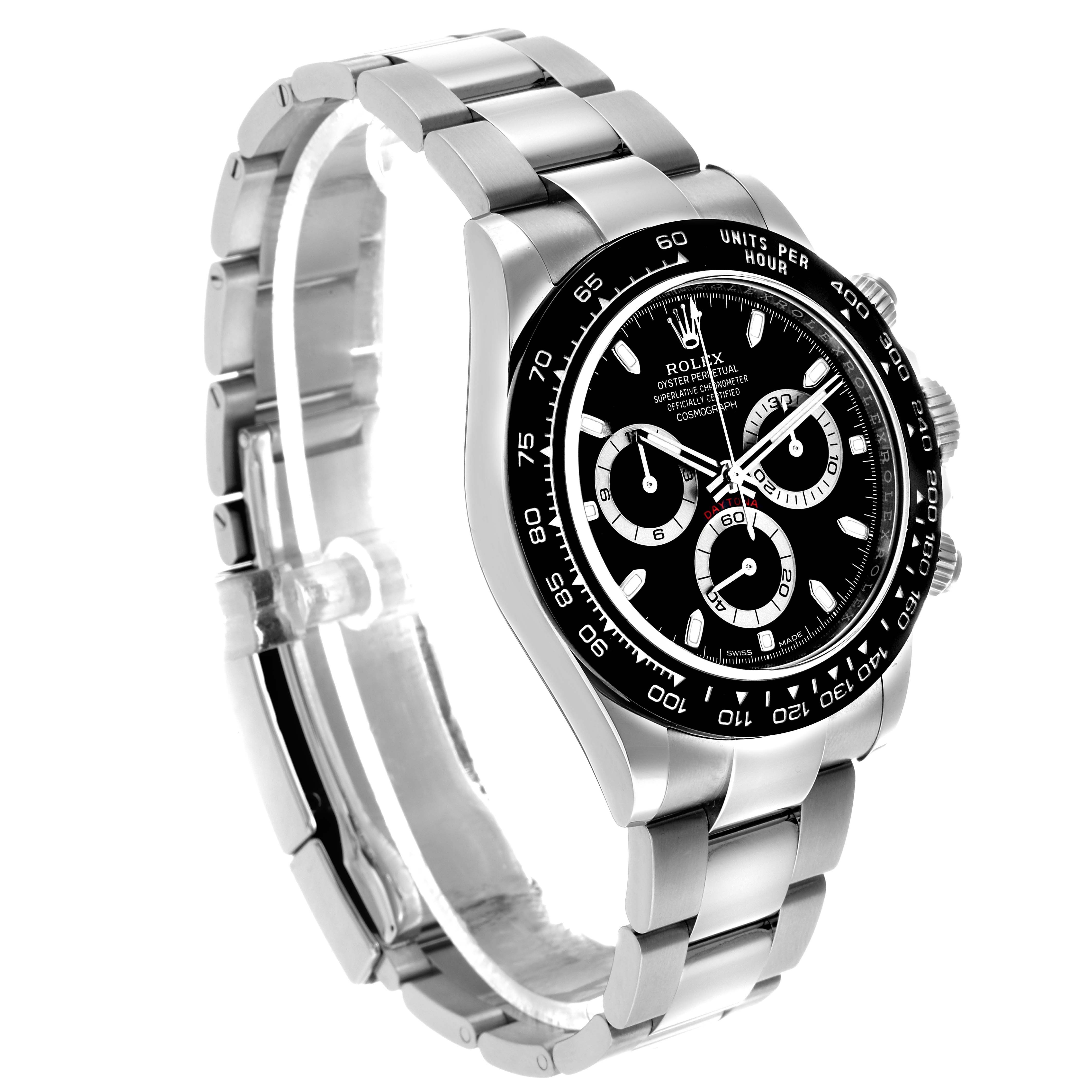 The Rolex Daytona 116500LN Men's Stainless Steel Black Dial watch is shown at a three-quarter angle, highlighting the bezel, crown, pushers, and bracelet.