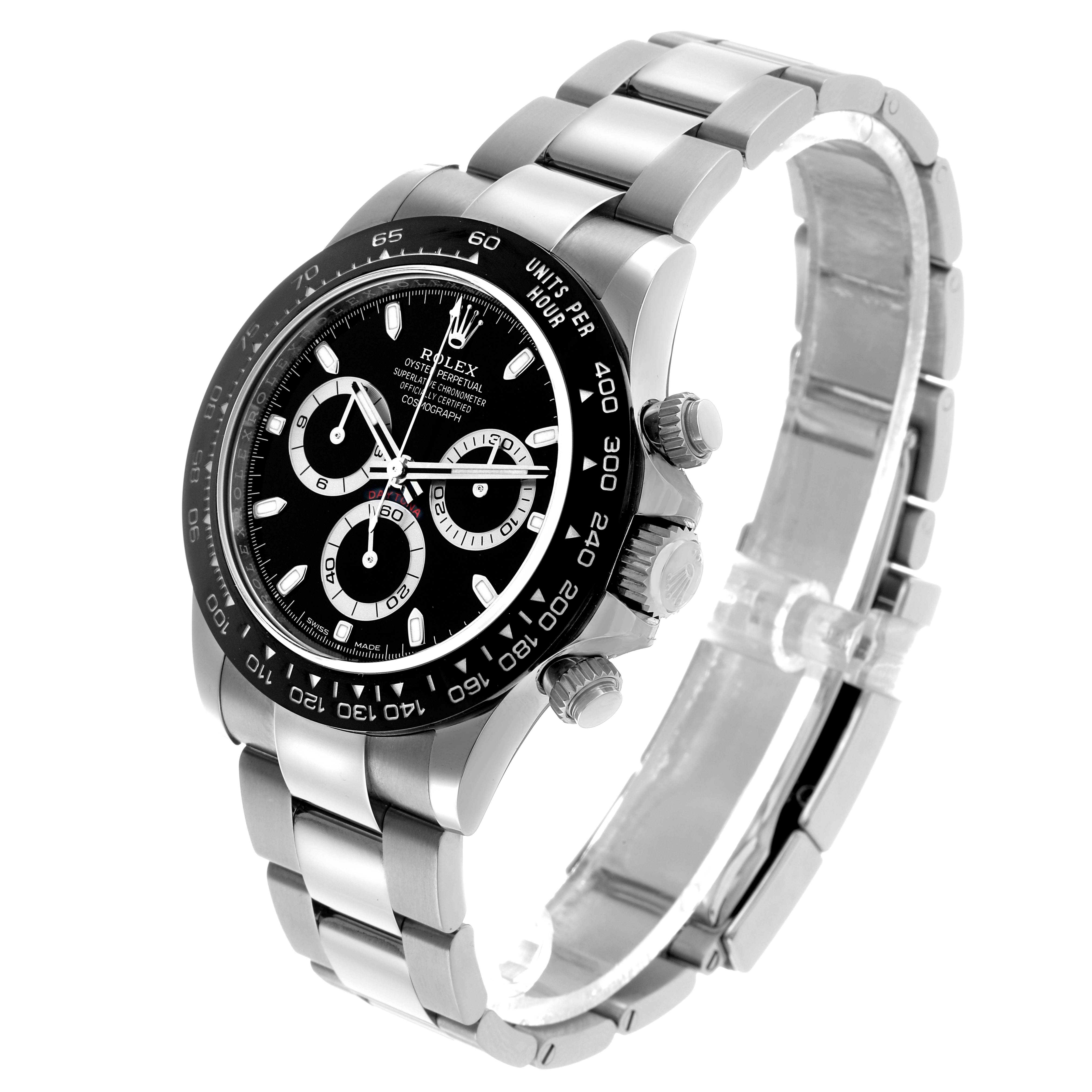 The Rolex Daytona 116500LN Men's Stainless Steel Black Dial watch is shown at a three-quarter angle, highlighting the dial, bezel, crown, and bracelet.