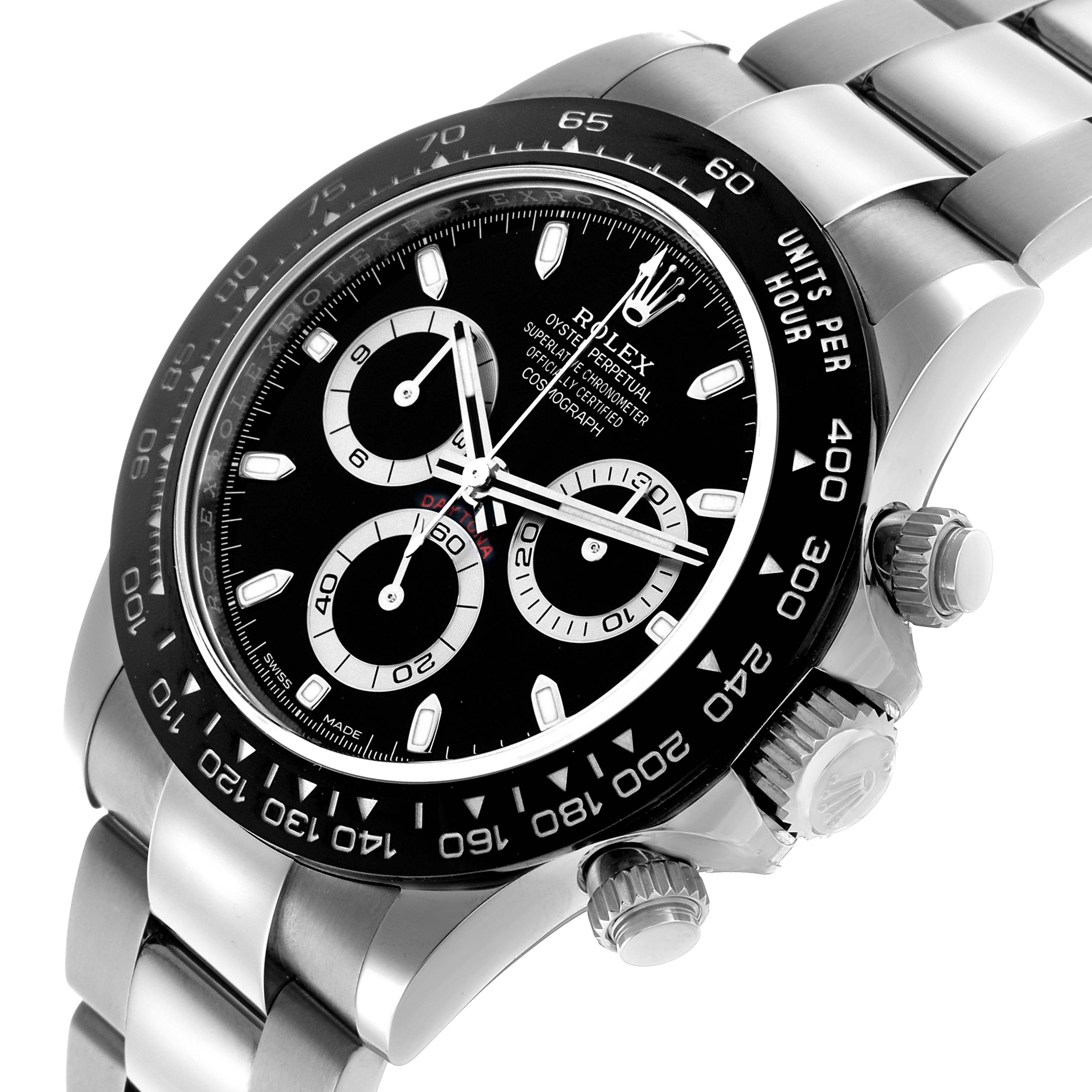The Rolex Daytona 116500LN Men's Stainless Steel Black Dial watch is shown at a slight angle, displaying the face, bezel, crown, and part of the bracelet.