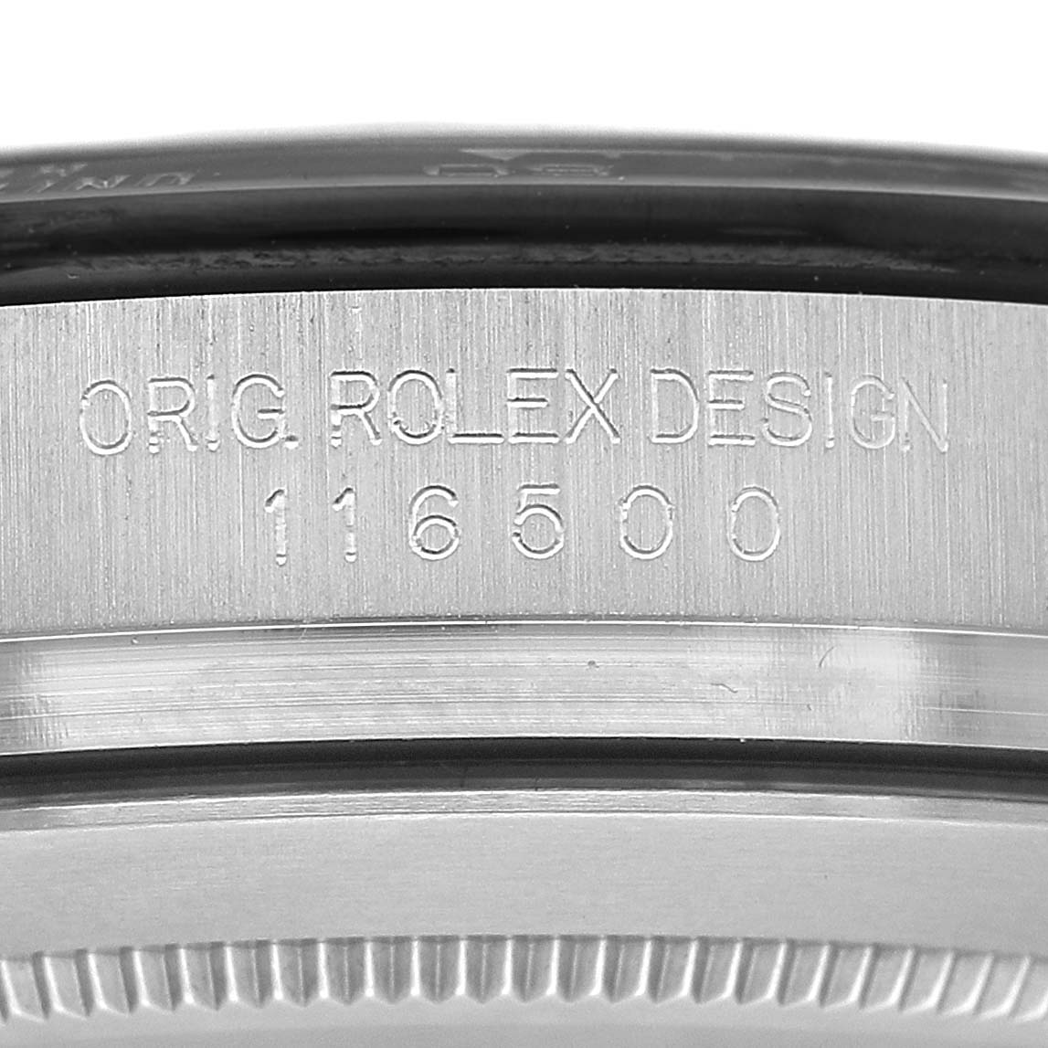 The image shows a close-up side view of the Rolex Daytona 116500LN Men's Stainless Steel Black Dial's case with model number 116500 engraved.