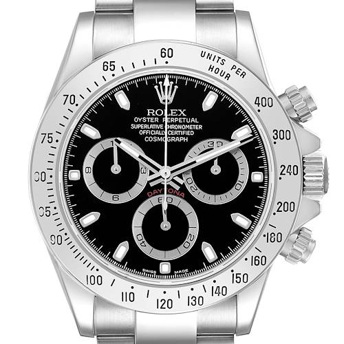 The Rolex Daytona 116520 Men's Stainless Steel Black Dial watch is shown from the front, displaying its dial, bezel, subdials, and crown.