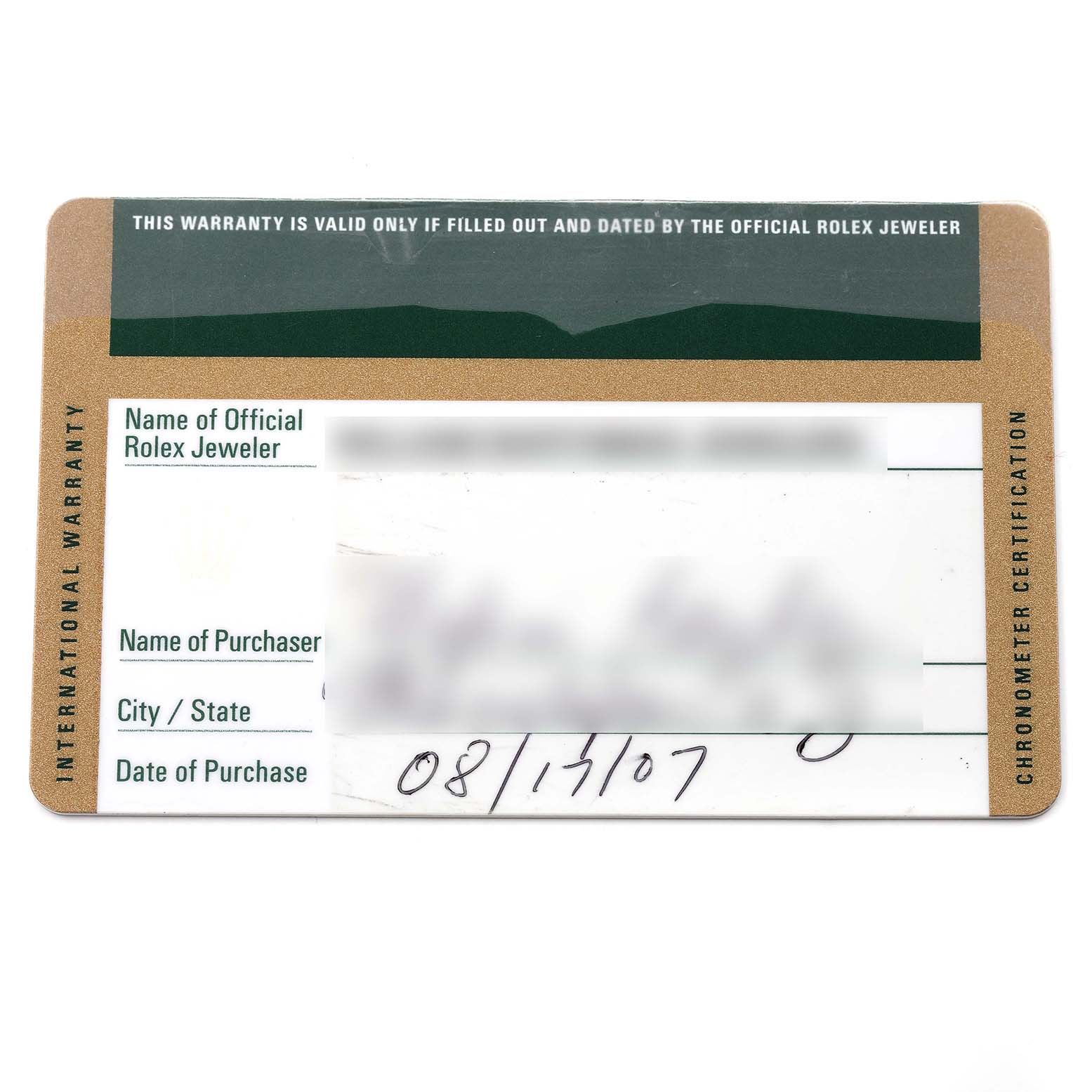 The image shows a warranty card for a Rolex Daytona 116520 Men
s Stainless Steel White Dial 116520 Men
s Stainless Steel White Dial, displaying purchaser details and the date of purchase.