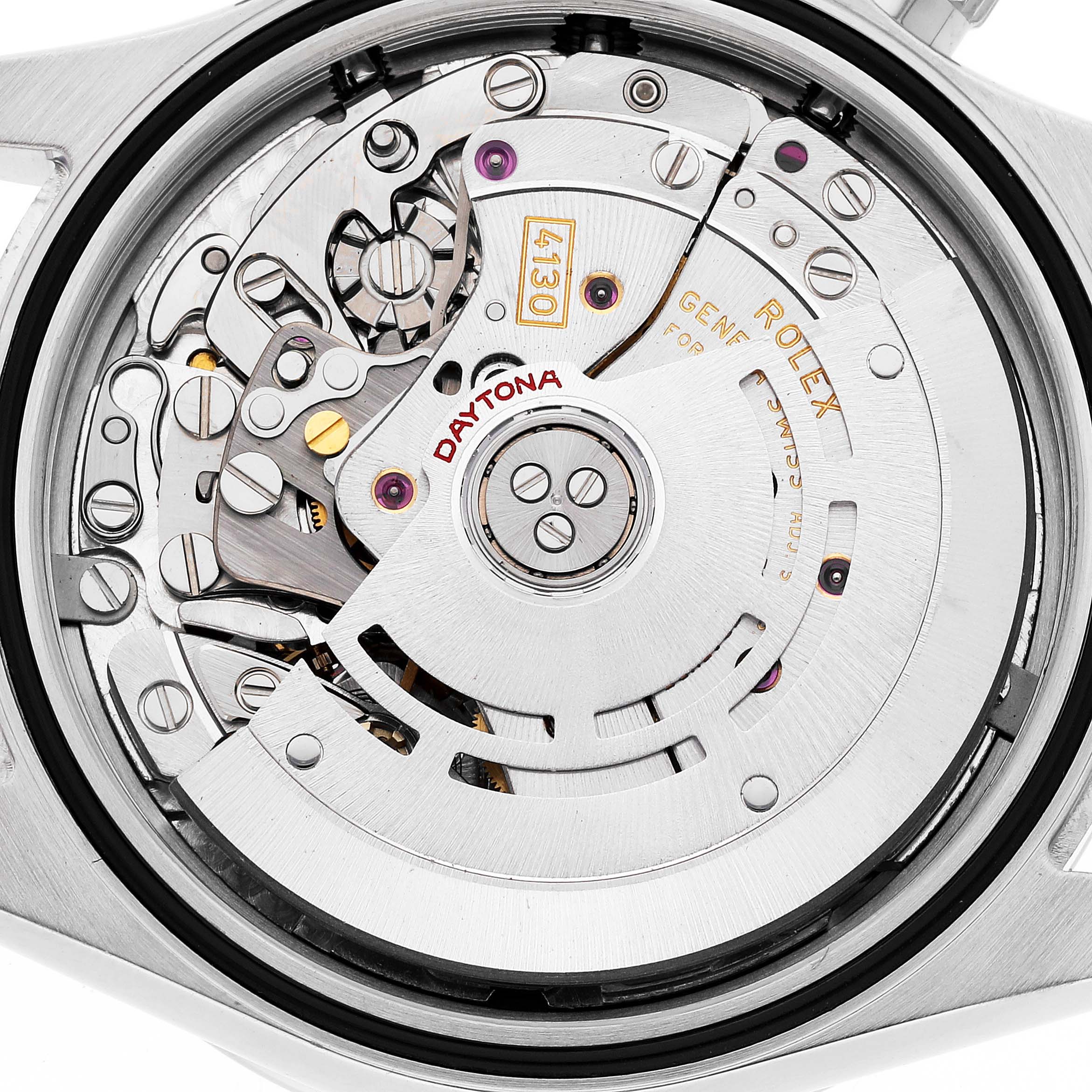 This image shows the back view of the Rolex Daytona 116520 Men
s Stainless Steel White Dial 116520 Men
s Stainless Steel White Dial watch, highlighting the intricate movement and mechanical parts.