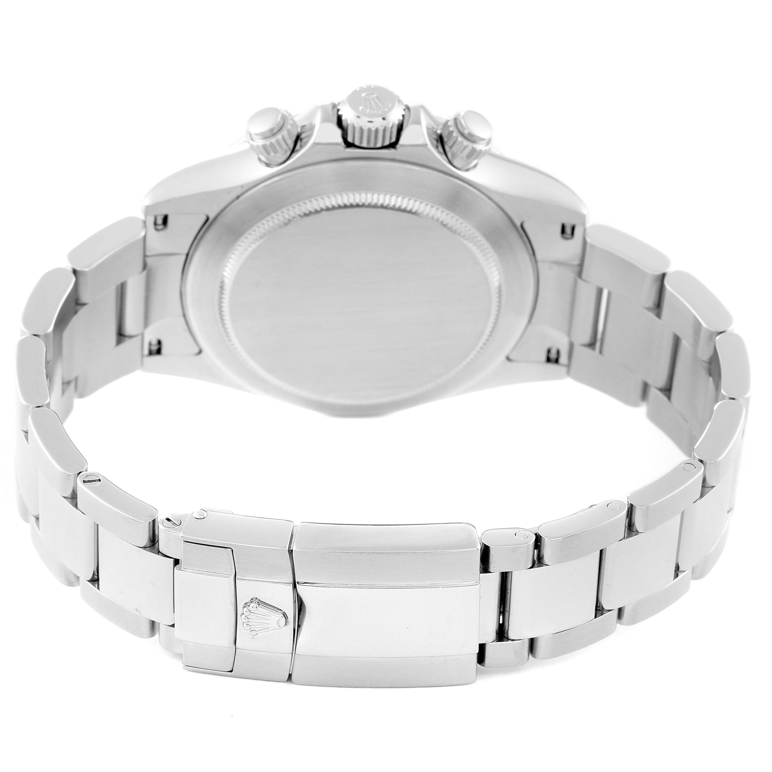 The image shows the back case and bracelet of a Rolex Daytona 116520 Men
s Stainless Steel White Dial 116520 Men
s Stainless Steel White Dial watch from a rear angle.