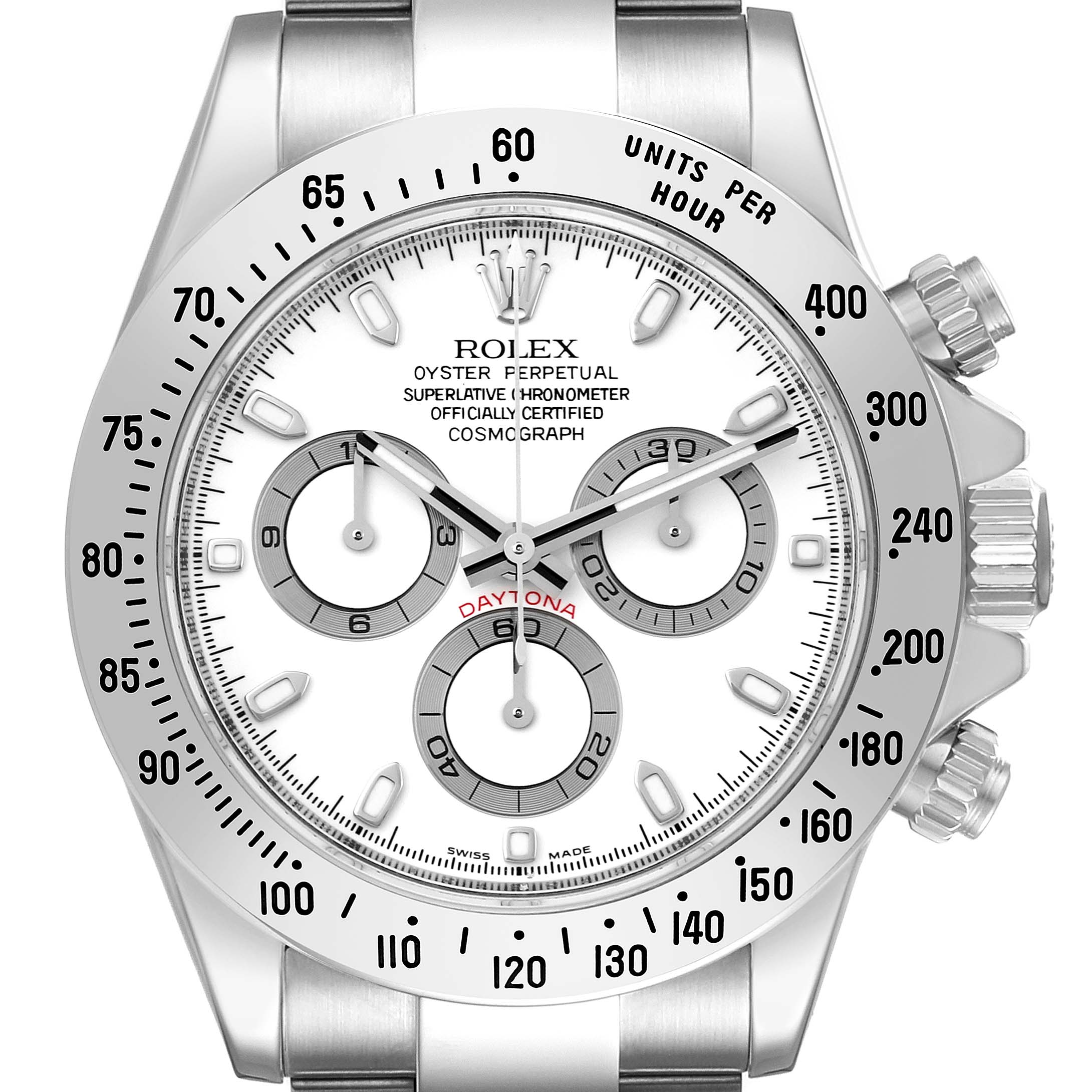 The Rolex Daytona 116520 Men
s Stainless Steel White Dial 116520 Men
s Stainless Steel White Dial watch is shown from a front-facing angle, highlighting the dial, bezel, and chronograph sub-dials.