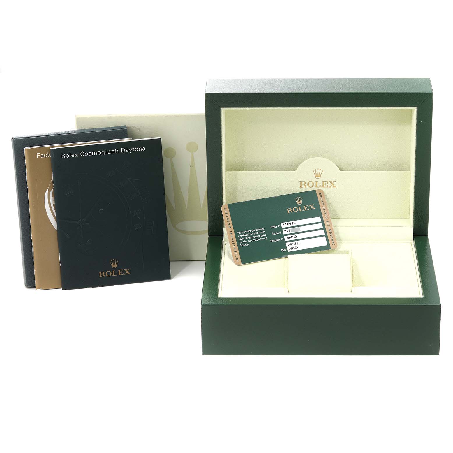The image shows the box and documentation for a Rolex Daytona 116520 Men
s Stainless Steel White Dial 116520 Men
s Stainless Steel White Dial watch.